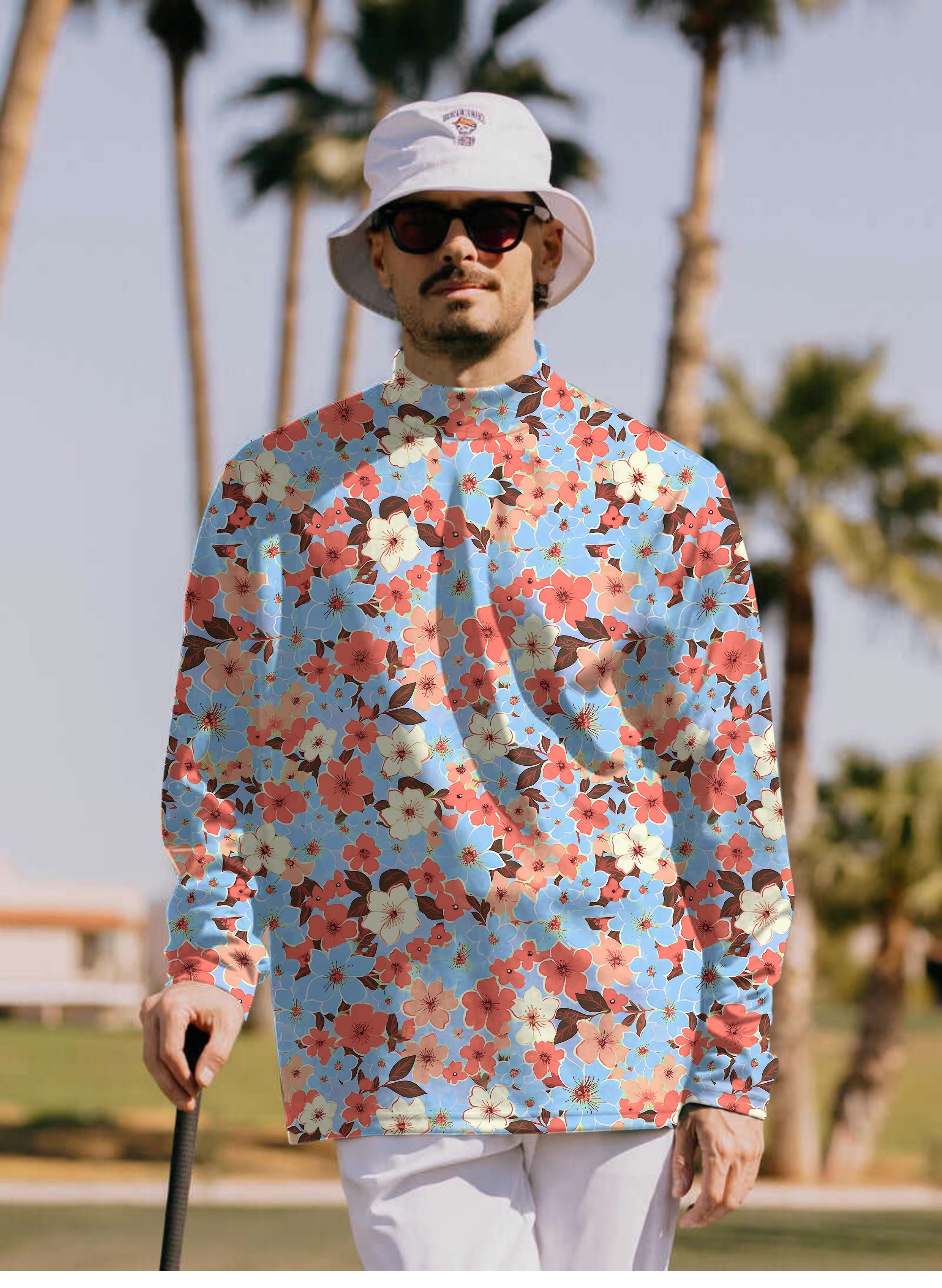 Men's light tropical flower pullover high neck long sleeve shirt with floral pattern