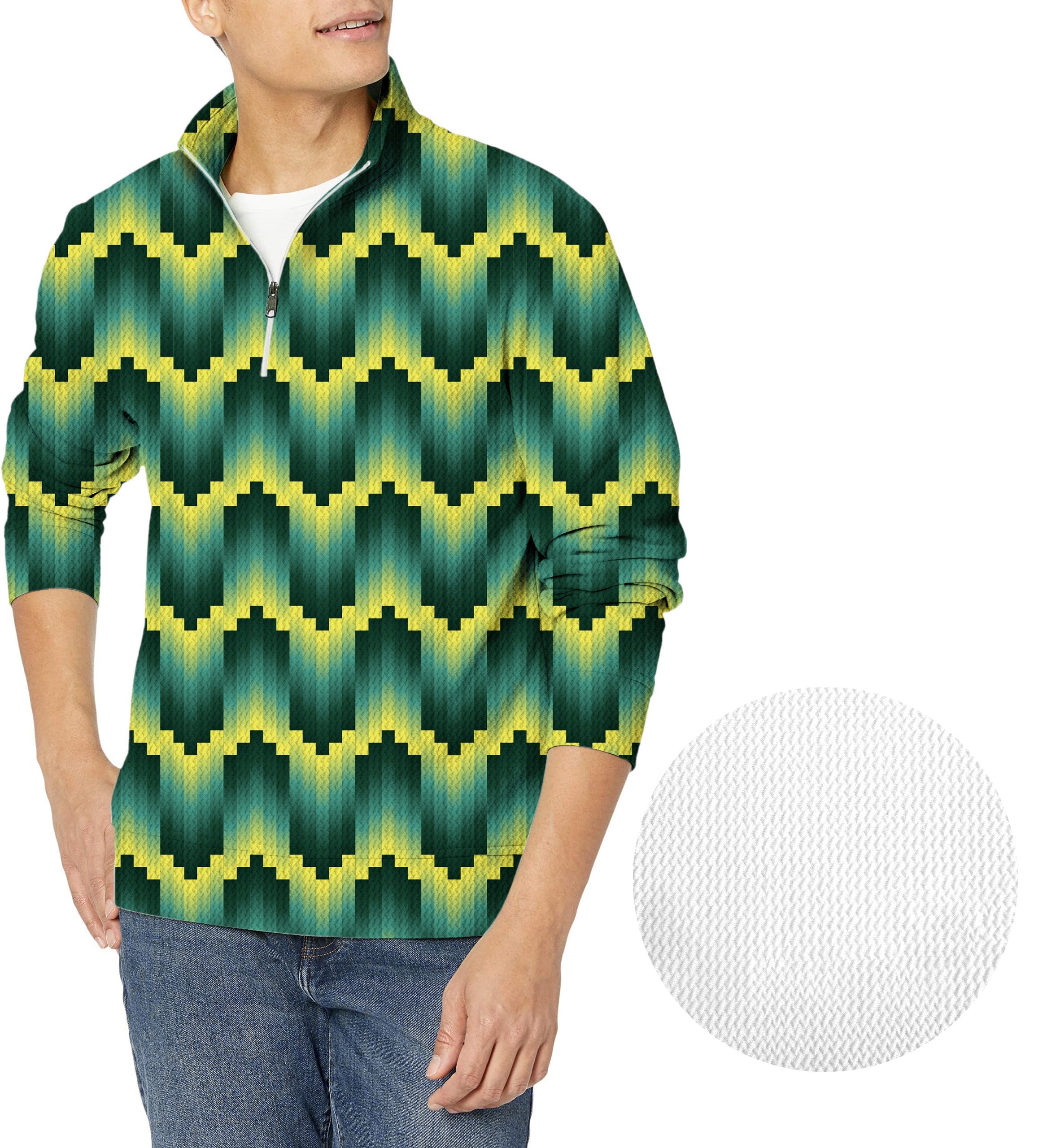Men's Green Ripples Custom golf waffle zipper pullover with geometric pattern
