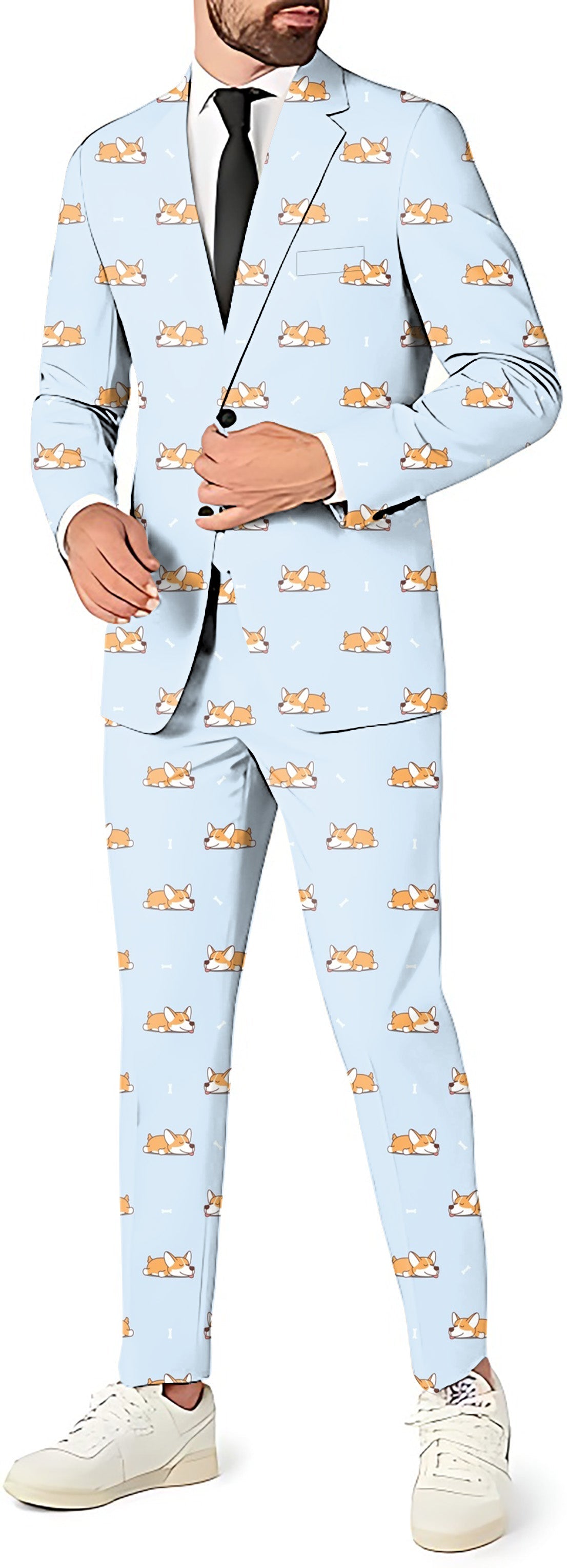 Men's slim fit blazer and pants suit with cute corgi print for party costume