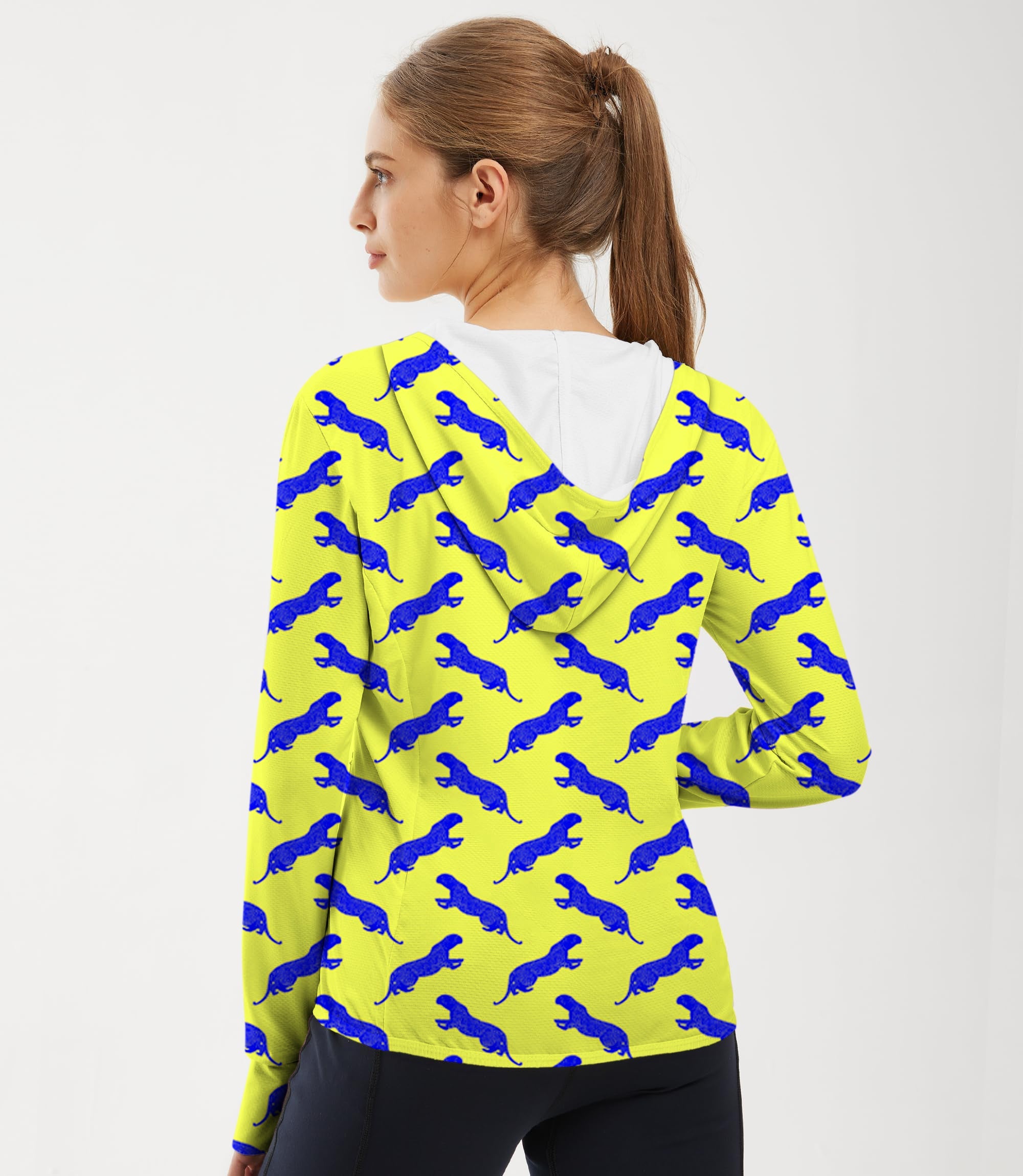 Women's outdoor slim fit zip hoodie with blue leopard print and sun protection hood