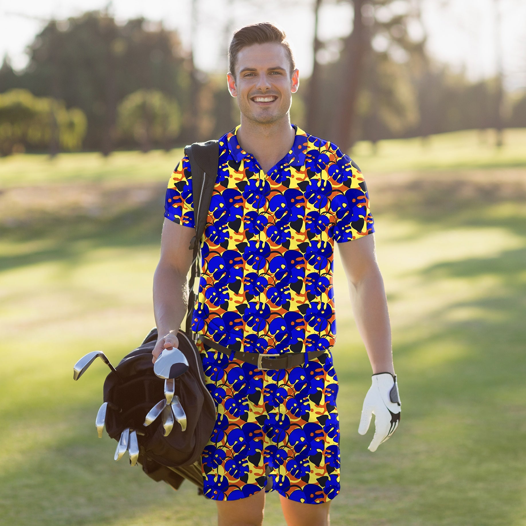 Men's golf set polo and shorts with tropical leaves pattern, stretchy, moisture-wicking, and UV protection fabric