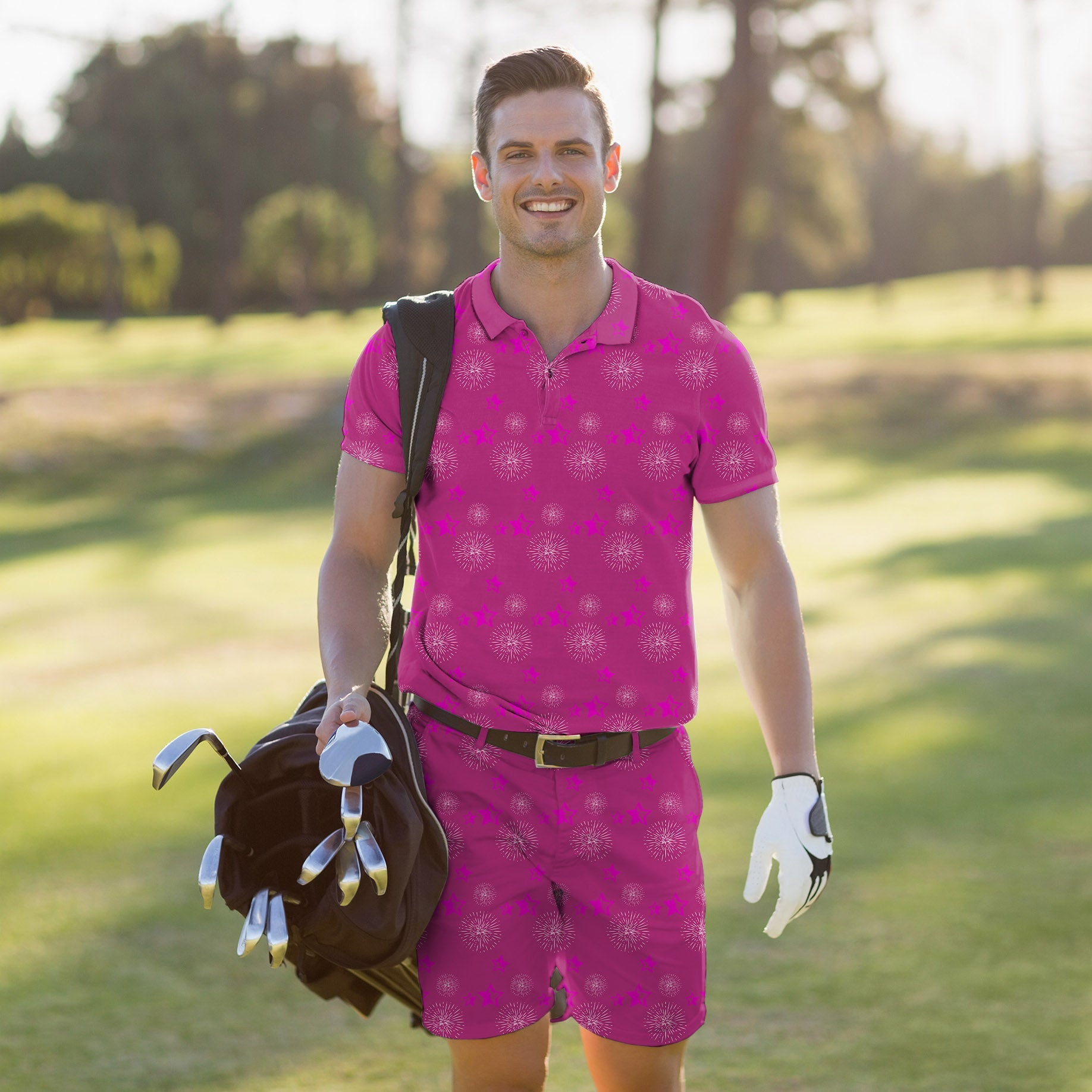 Men's golf set with pink pentagram print polo and shorts, moisture-wicking, four-way stretch, UV protection, and wrinkle resistant fabric