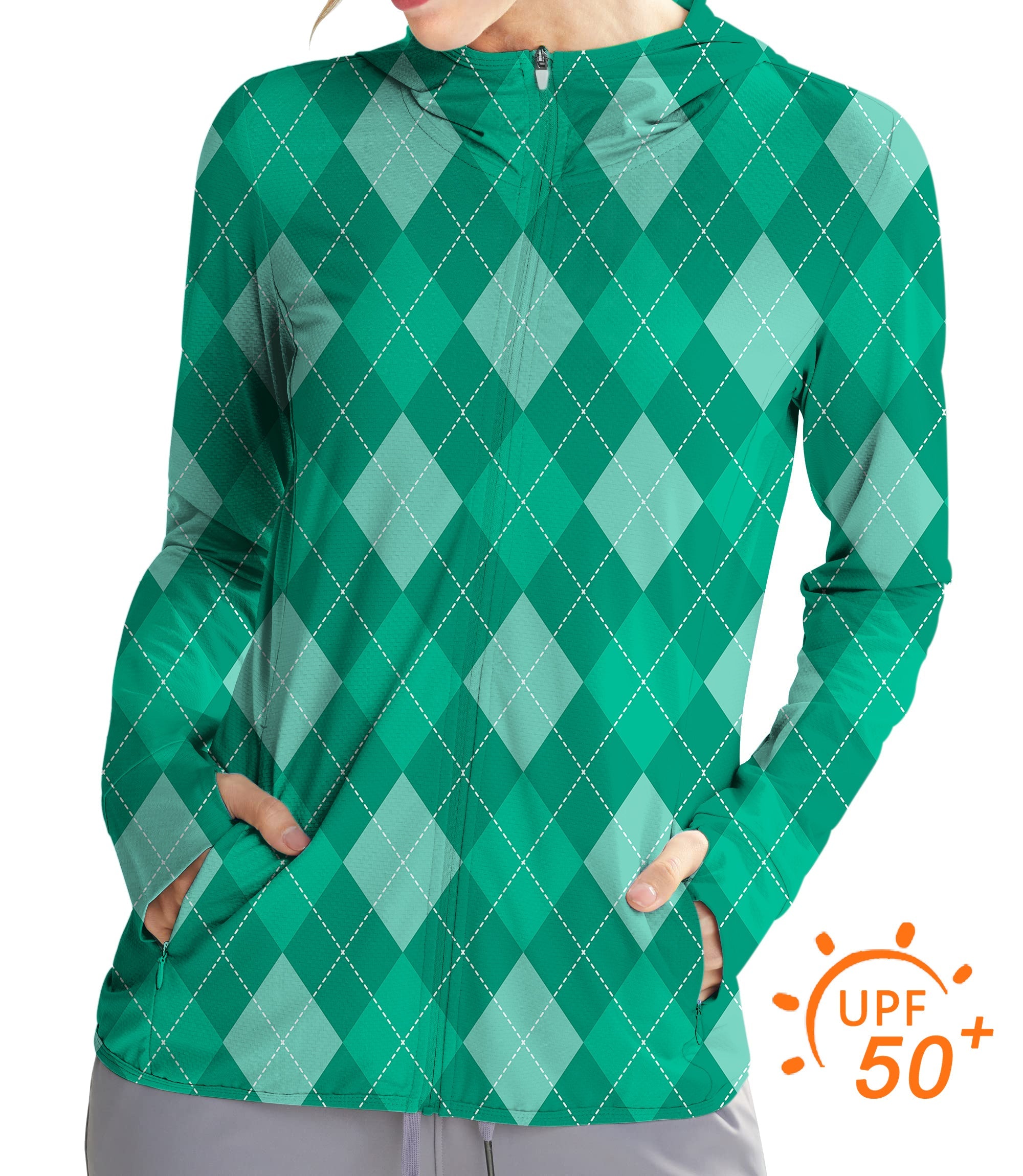 Women's outdoor green argyle slim fit zip hoodie with UPF 50+ sun protection and thumb holes