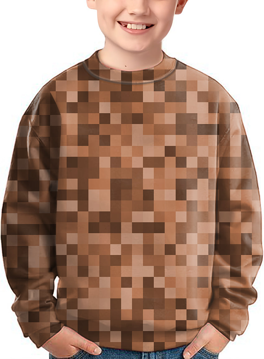 Brown Pixel Big Crewneck Pullover Kids Ugly Sweater
