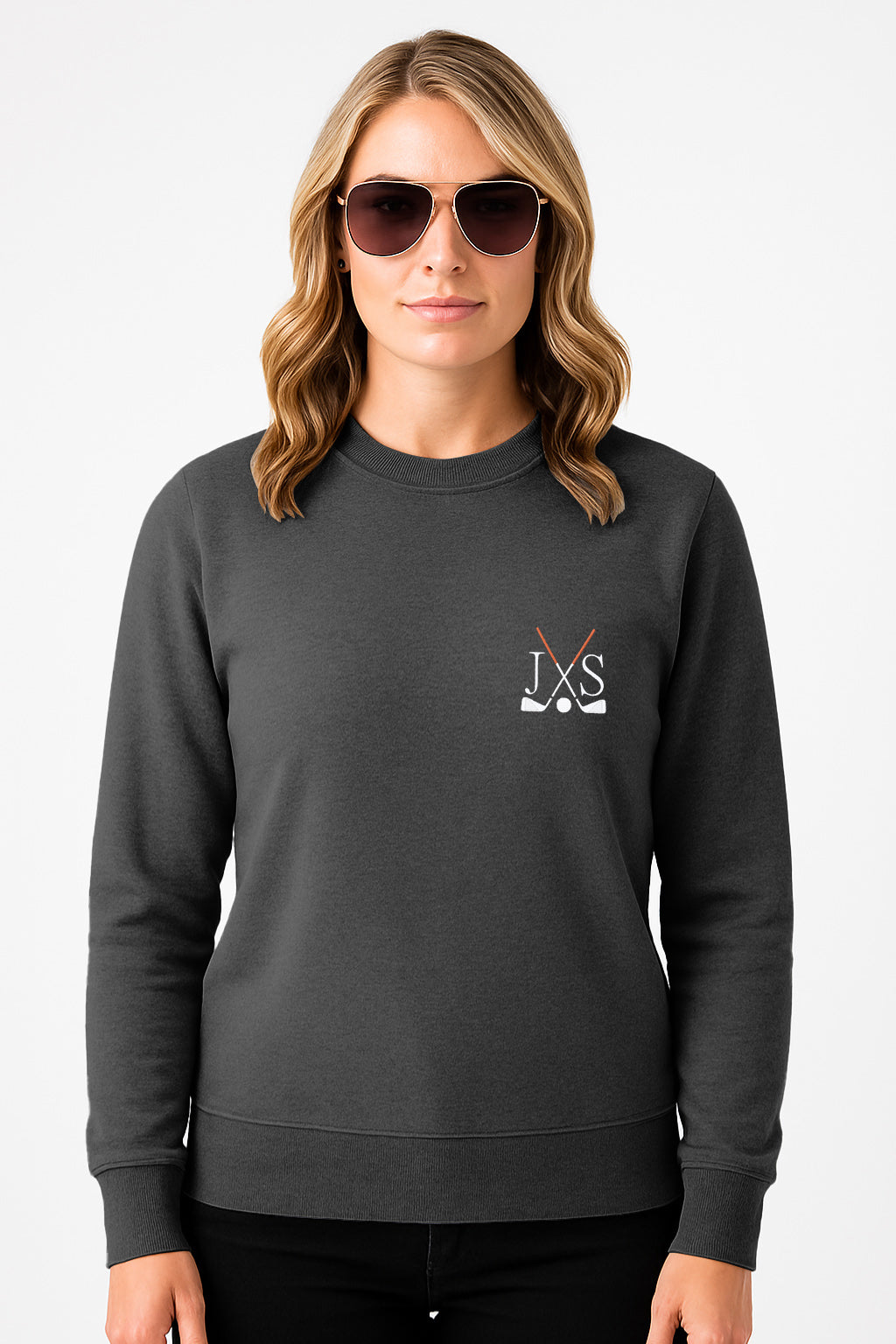 Plus size black crew neck sweatshirt with golf club embroidery and initials, solid color embroidery design
