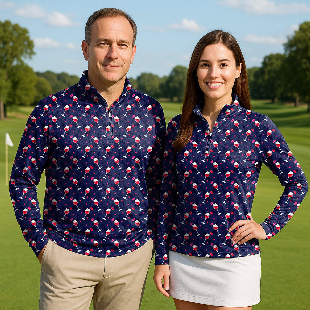 Red wine couple golf active 3/4 zip tops with wine glass pattern, lightweight and sun-safe long sleeves
