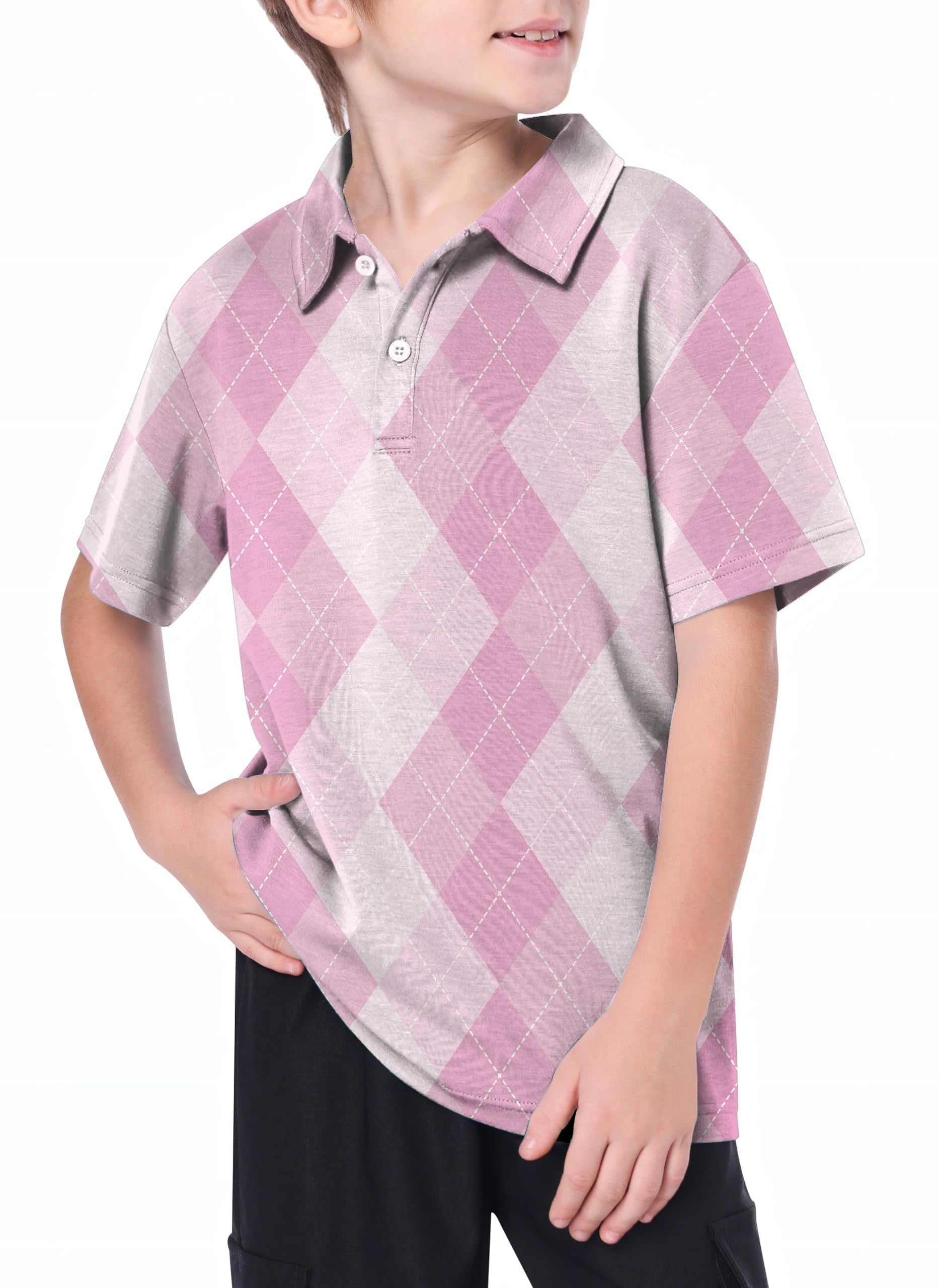 Youth pink argyle golf polo with 4-way stretch and UPF 40+ for youth women's outdoor activities