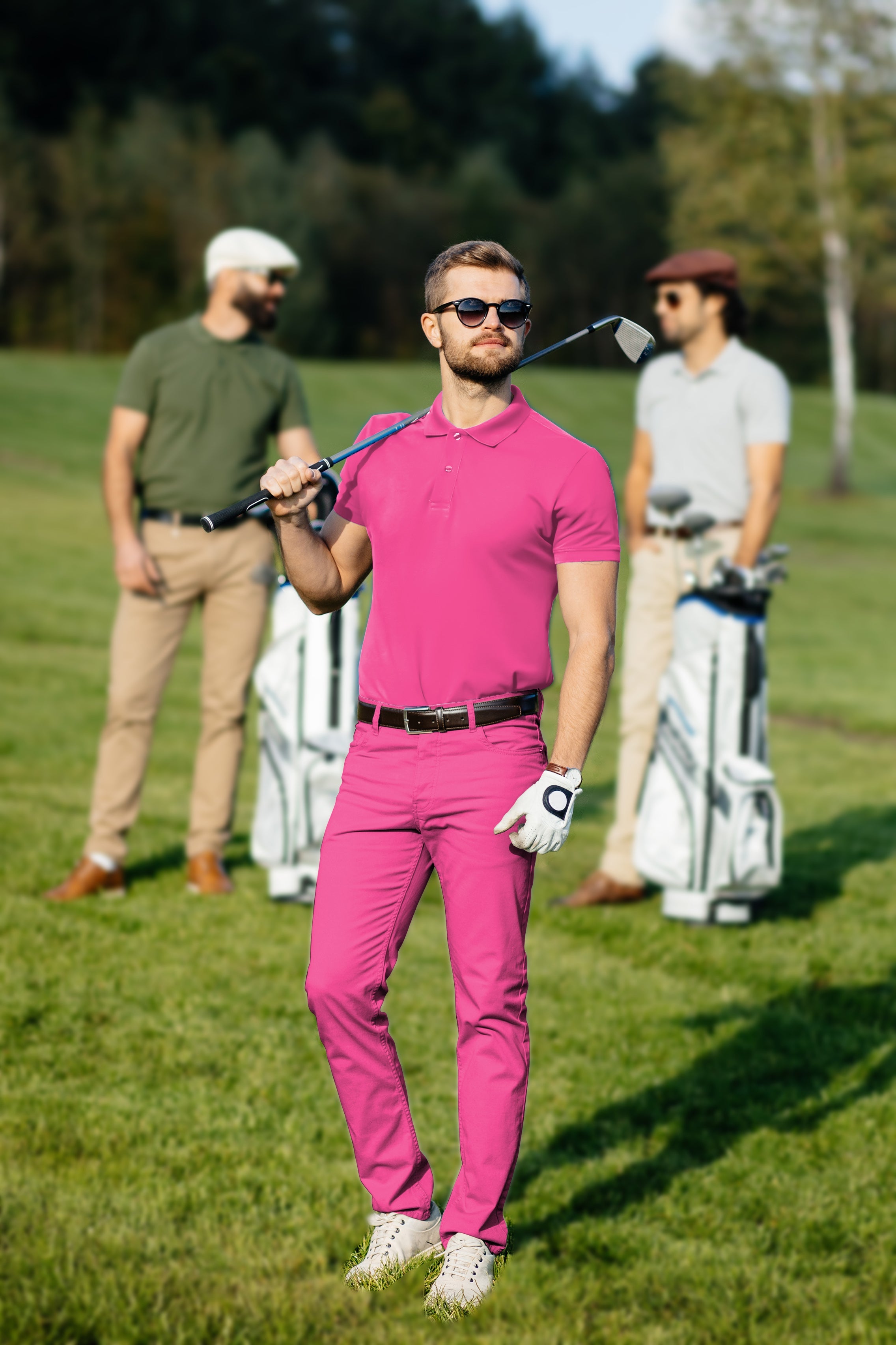 Men's golf set featuring pure fuchsia polo and pants with four-way stretch and UPF 40+ protection