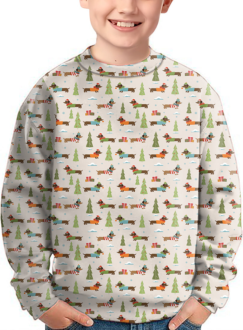Kids Christmas Dachshund crewneck pullover with festive holiday pattern