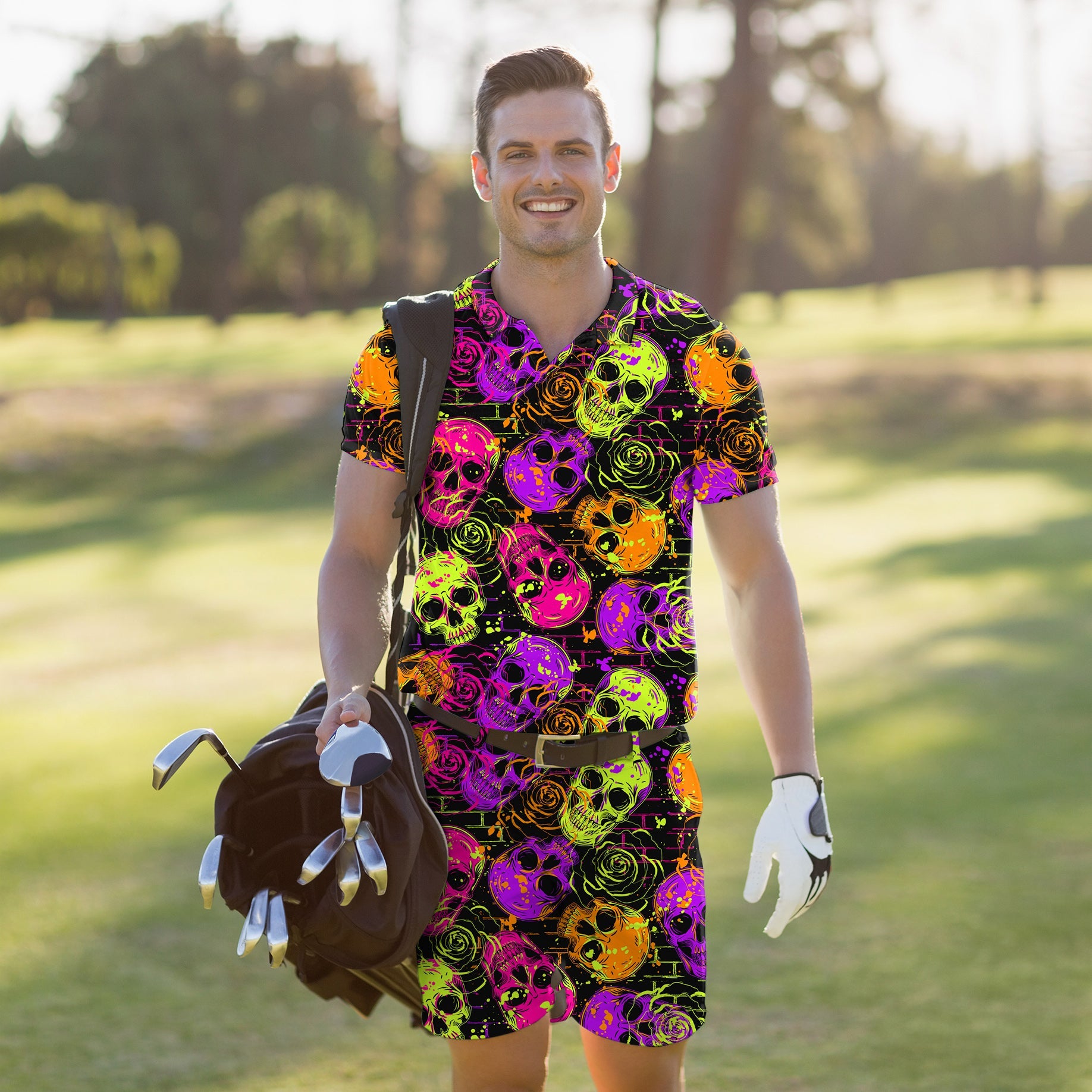 Men's golf set polo and shorts with Halloween-themed colorful skull design, moisture-wicking, four-way stretch, and UPF 40+ protection.