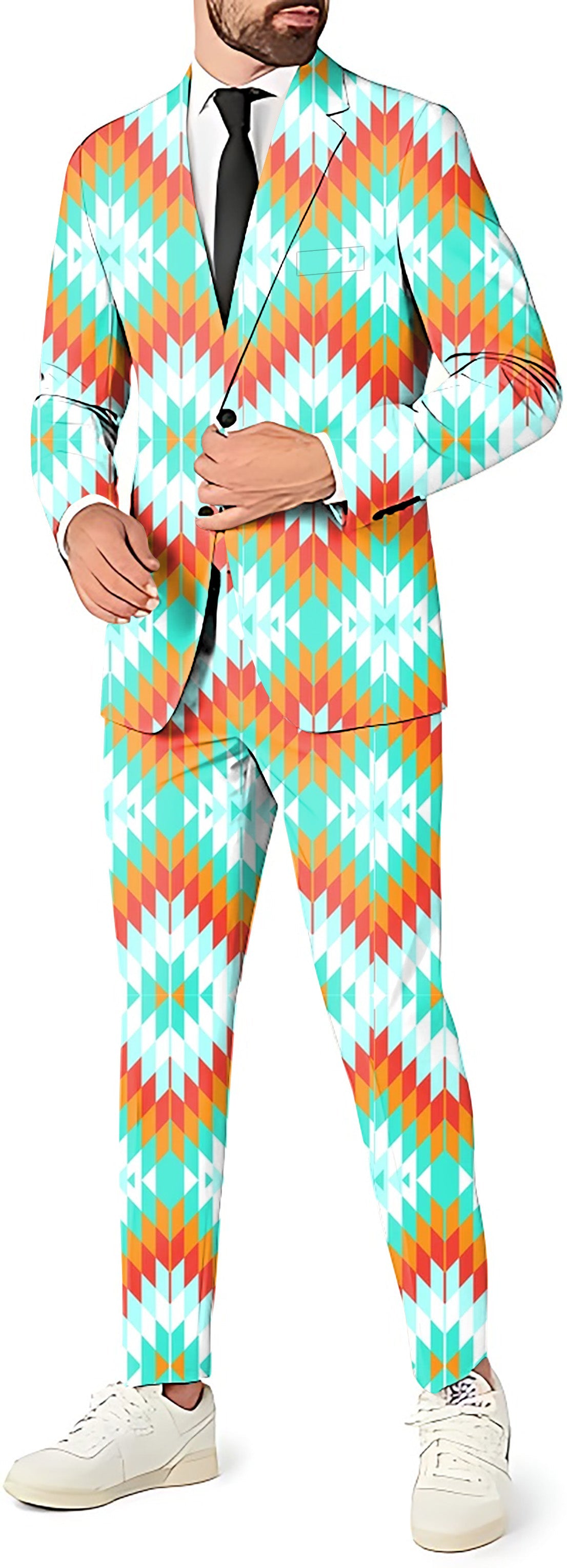 Aztec Summer contrast stitching men's party suit with blazer, pants, and vest in vibrant geometric pattern