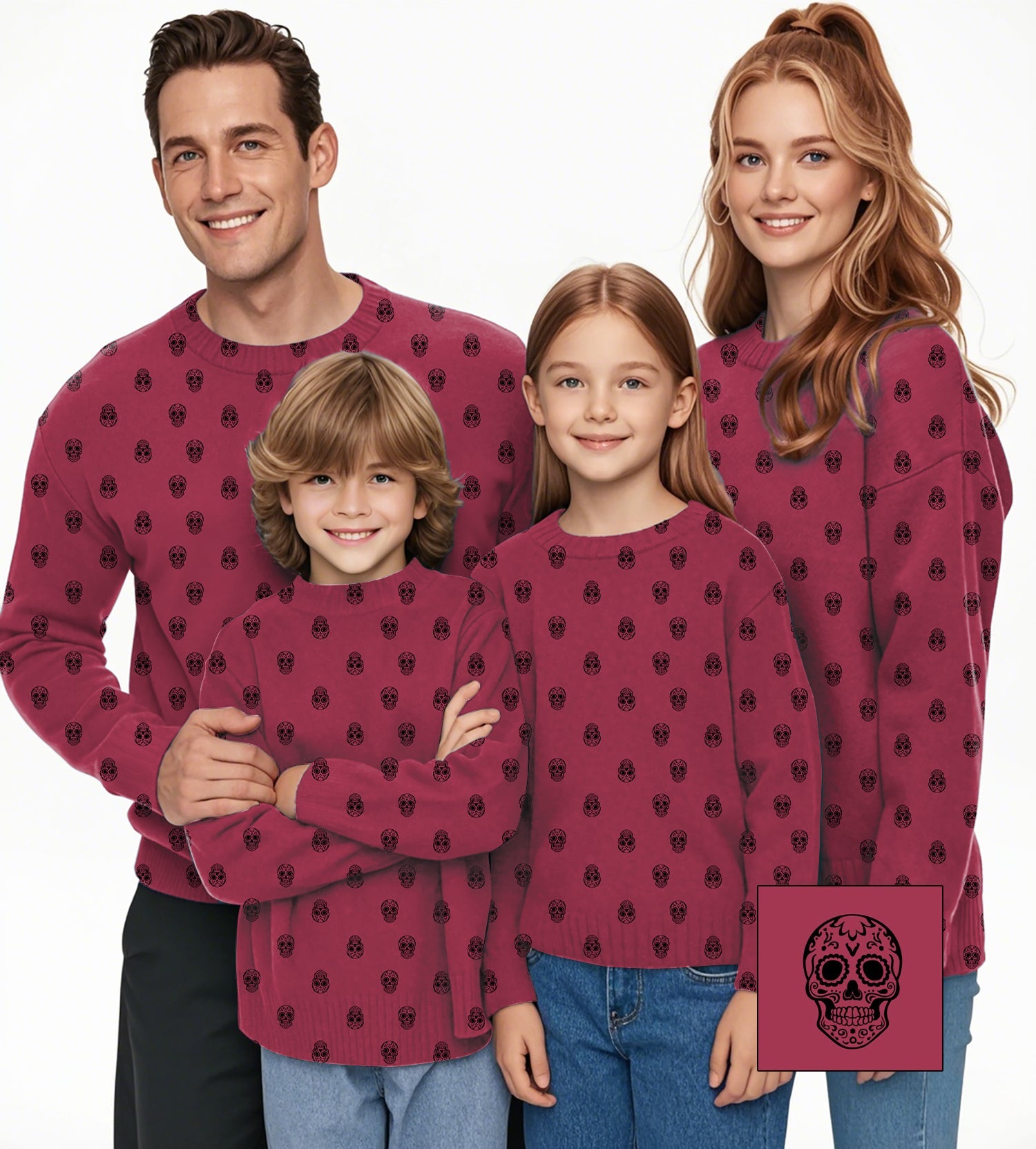 Family wearing matching maroon skull custom crewneck pullover sweaters
