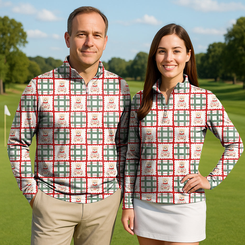 Cute Christmas Teddy Bear Couple Golf Active 3/4 Zipper Top Long Sleeves