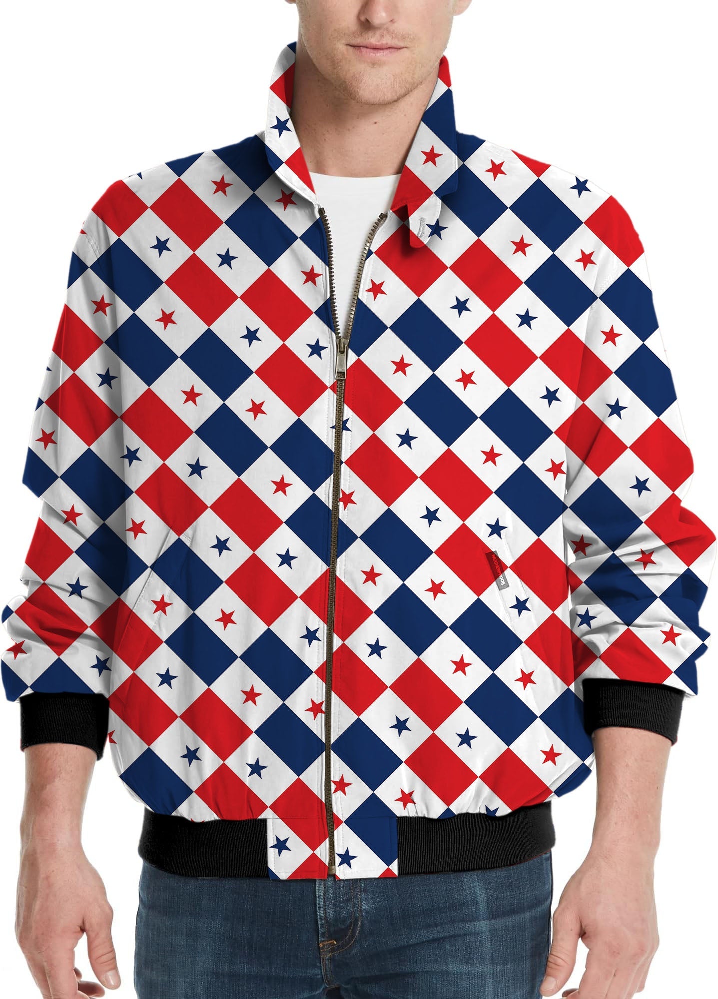 Men's Argyle US Star golf windbreaker jacket with red, white, and blue star pattern