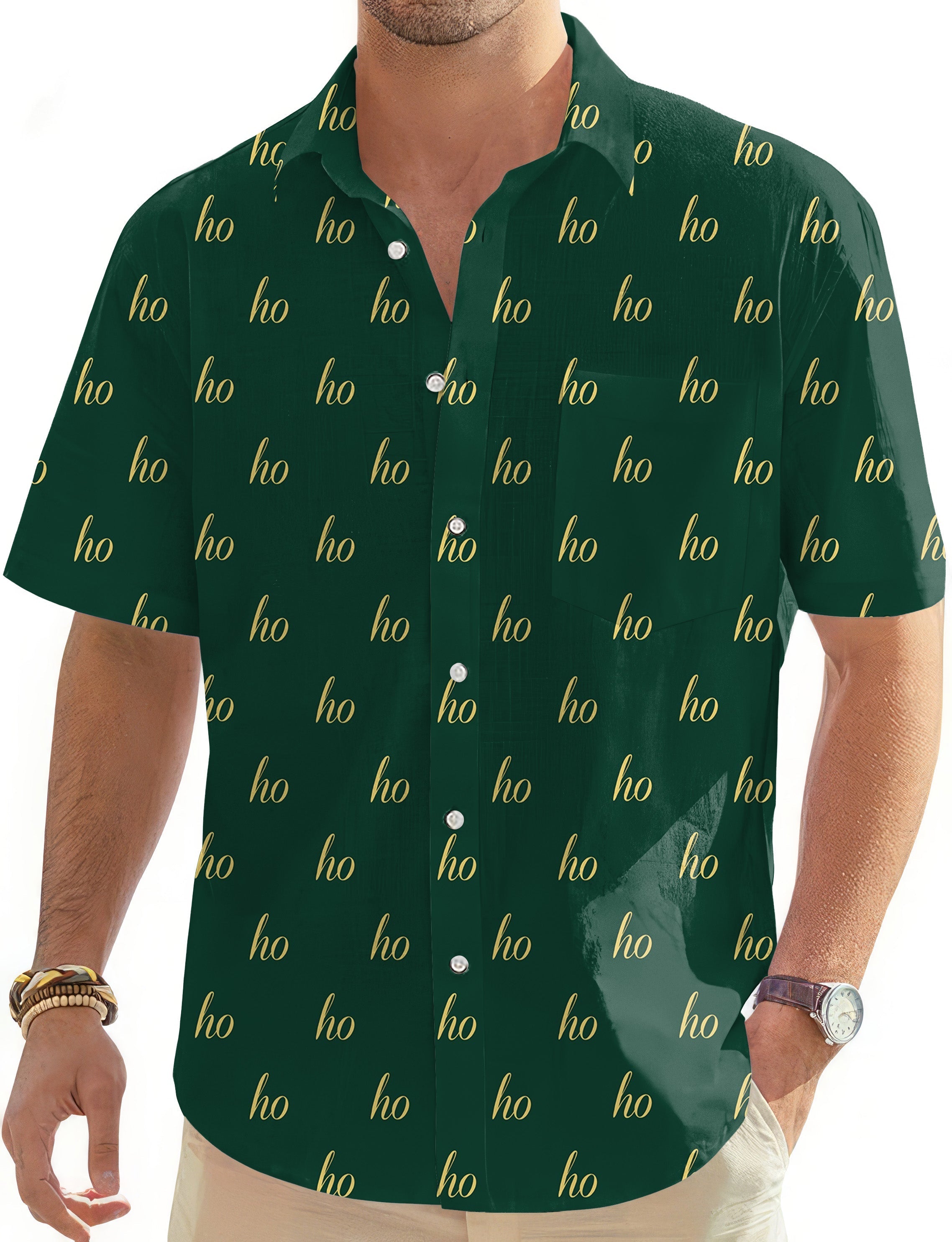 Dark green custom name Christmas men's golf Hawaiian button-down shirt with yellow "ho" print and short sleeves