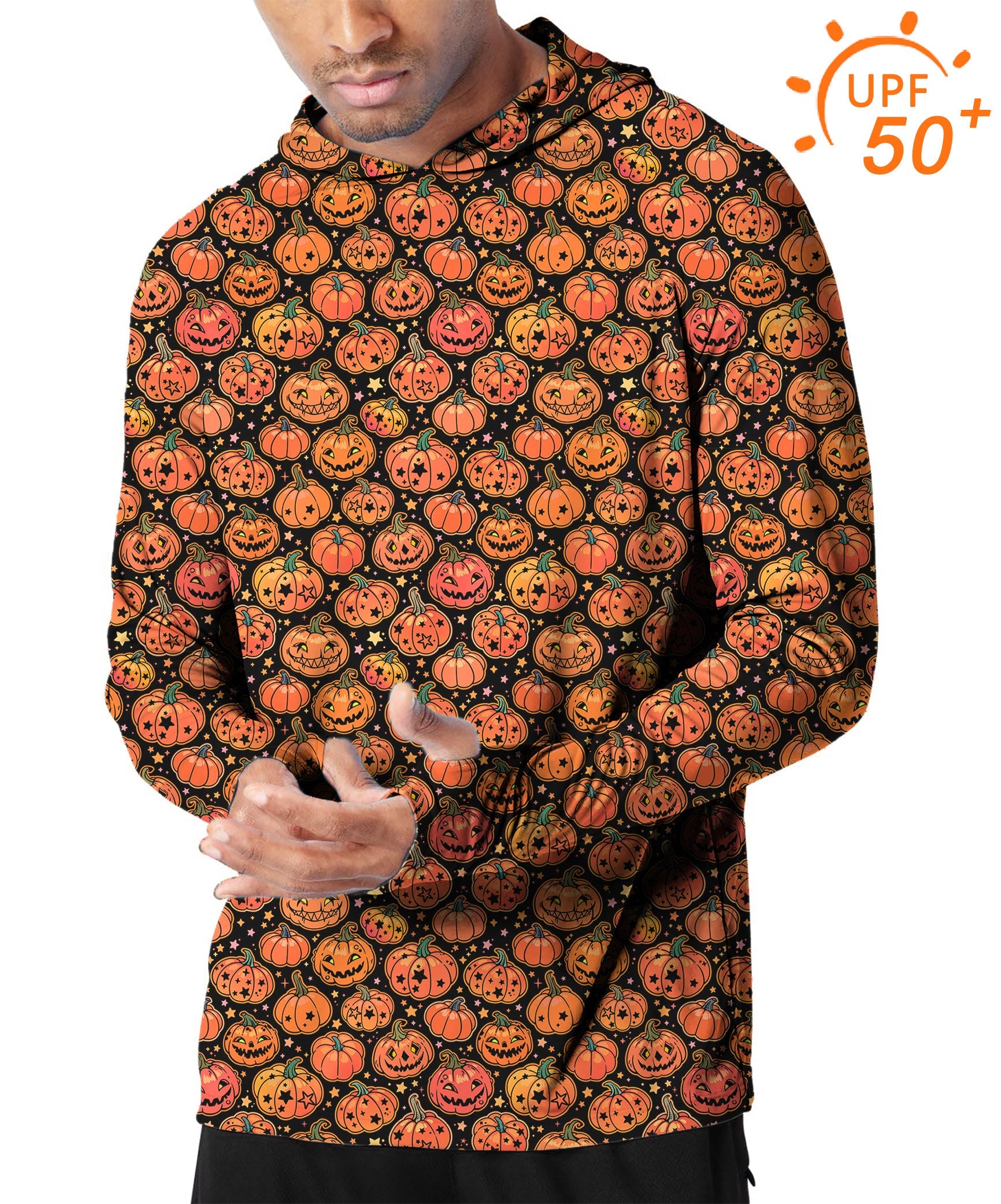 Men's outdoor slim fit Halloween hoodie with star pumpkin bones print and UPF 50+ sun protection