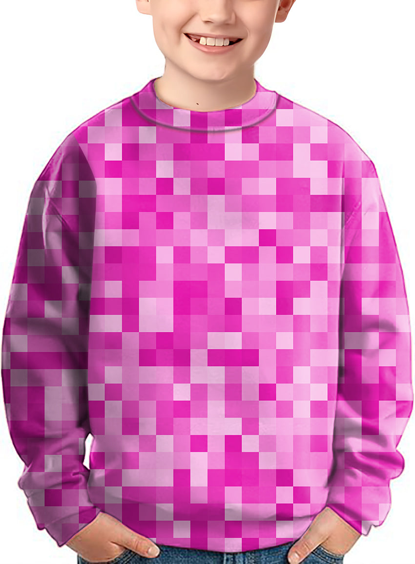 Rose Red Pixel Big Crewneck Pullover kids sweater with pink pixel design