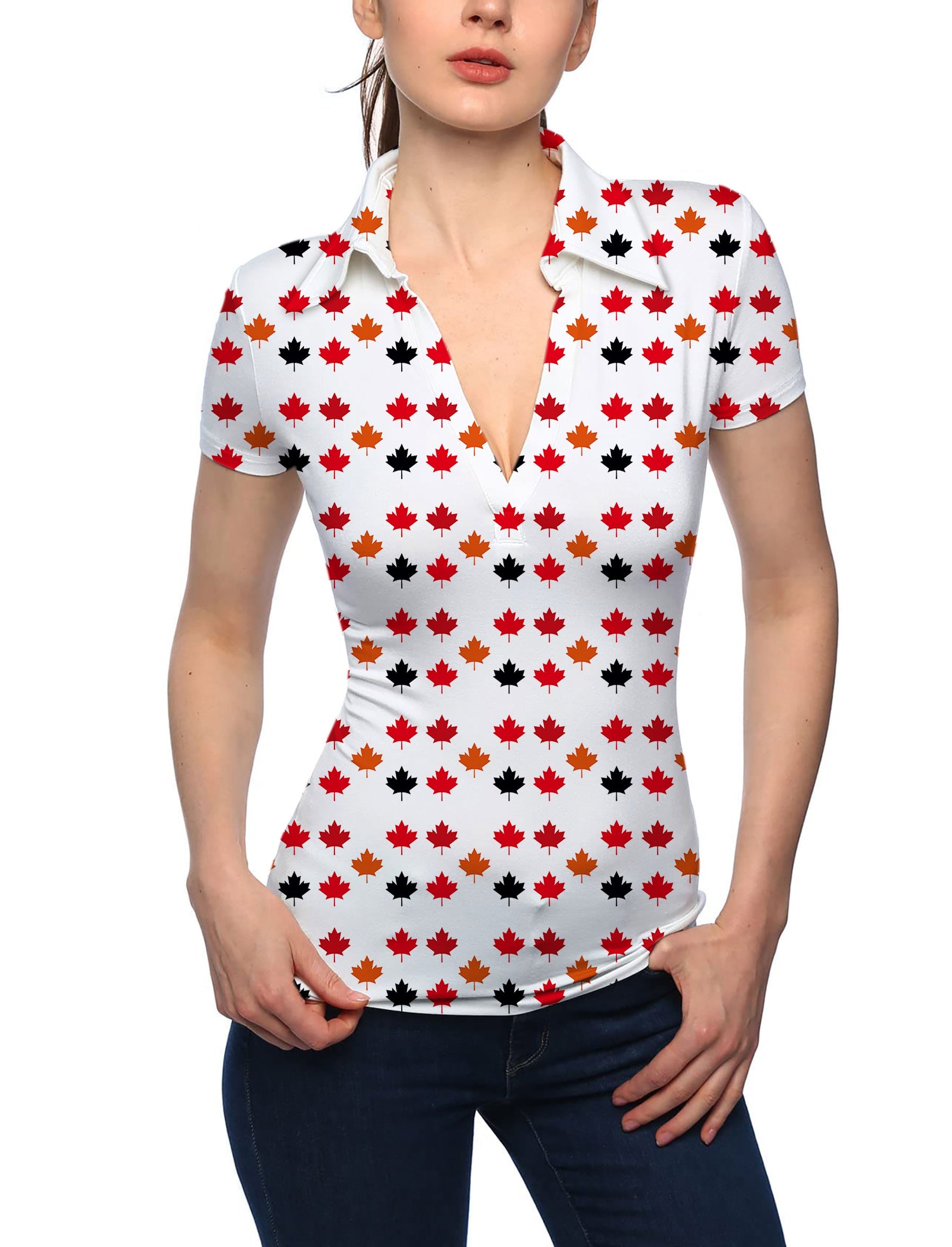 Women's Canada Four Color Maple Leaves V-neck golf polo shirt with stand collar and short sleeves