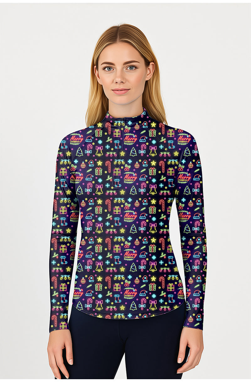 Neon Merry Christmas Women's Golf active 3/4 zip top with long sleeves and festive pattern