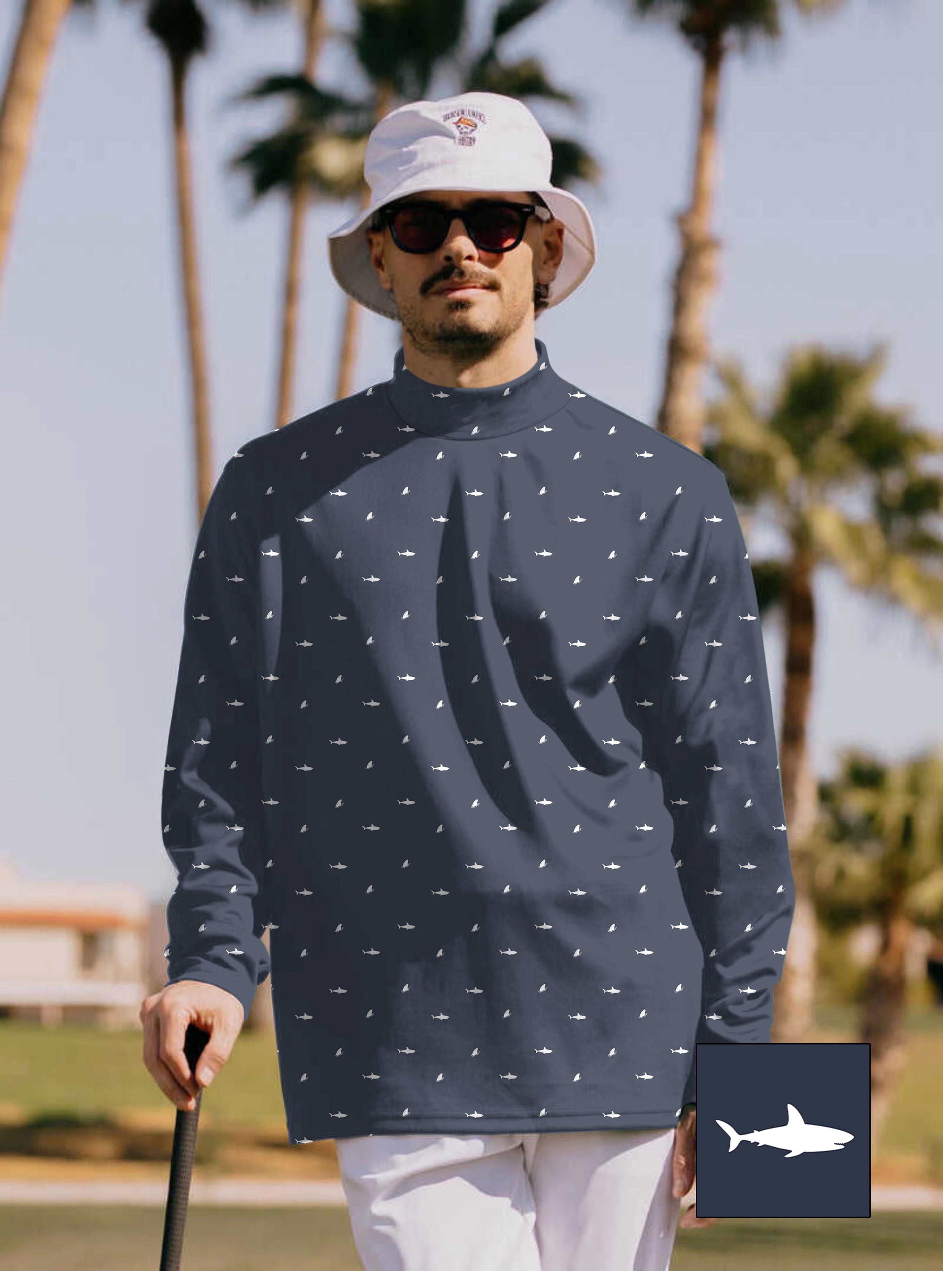Men's White Shark and Fin Custom The Background Color Pullover High neck Long/Short sleeve T-Shirt