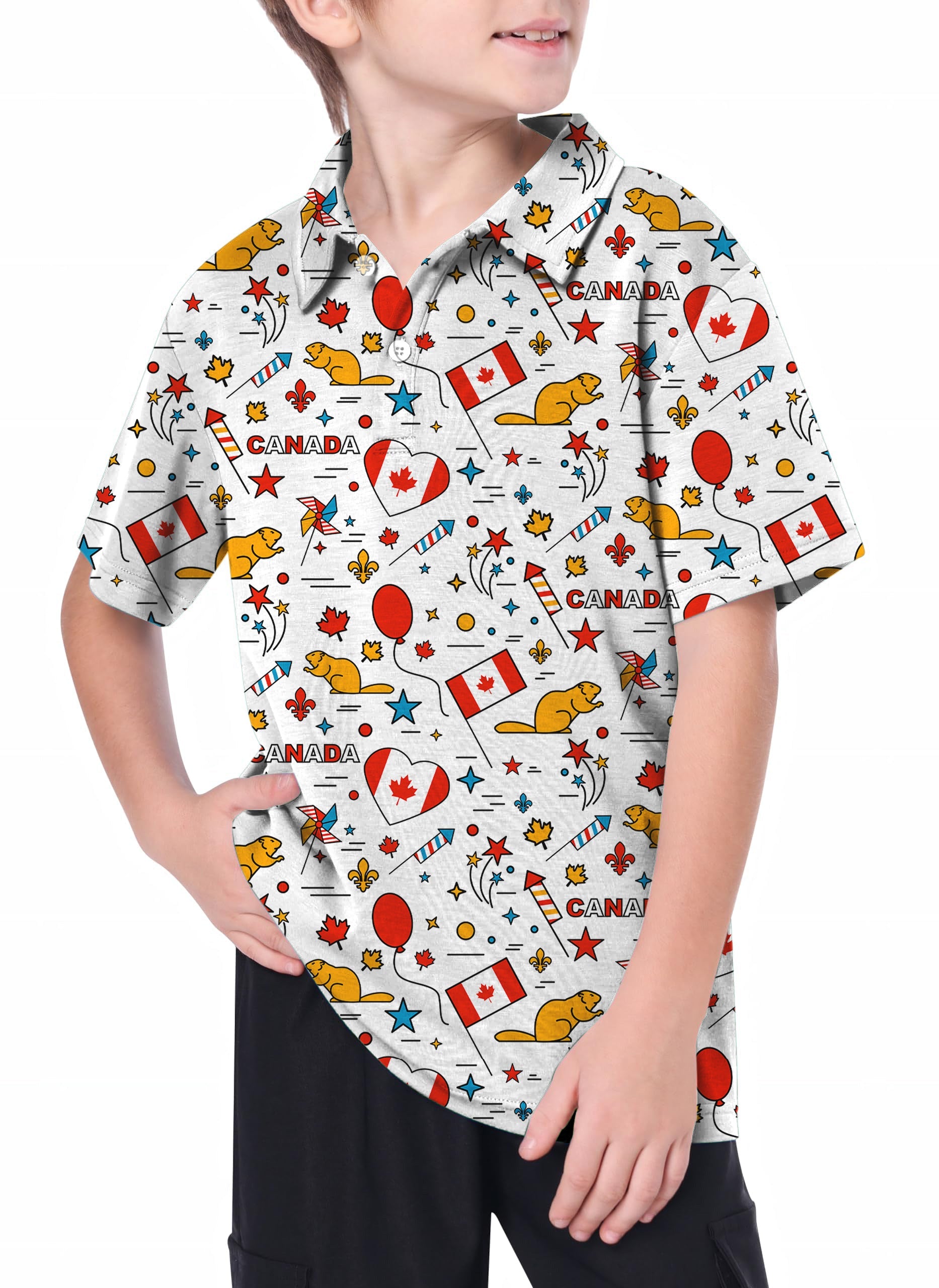 Youth Canadian Balloon squirrel print golf polo shirt for kids with Canadian flags and balloons design