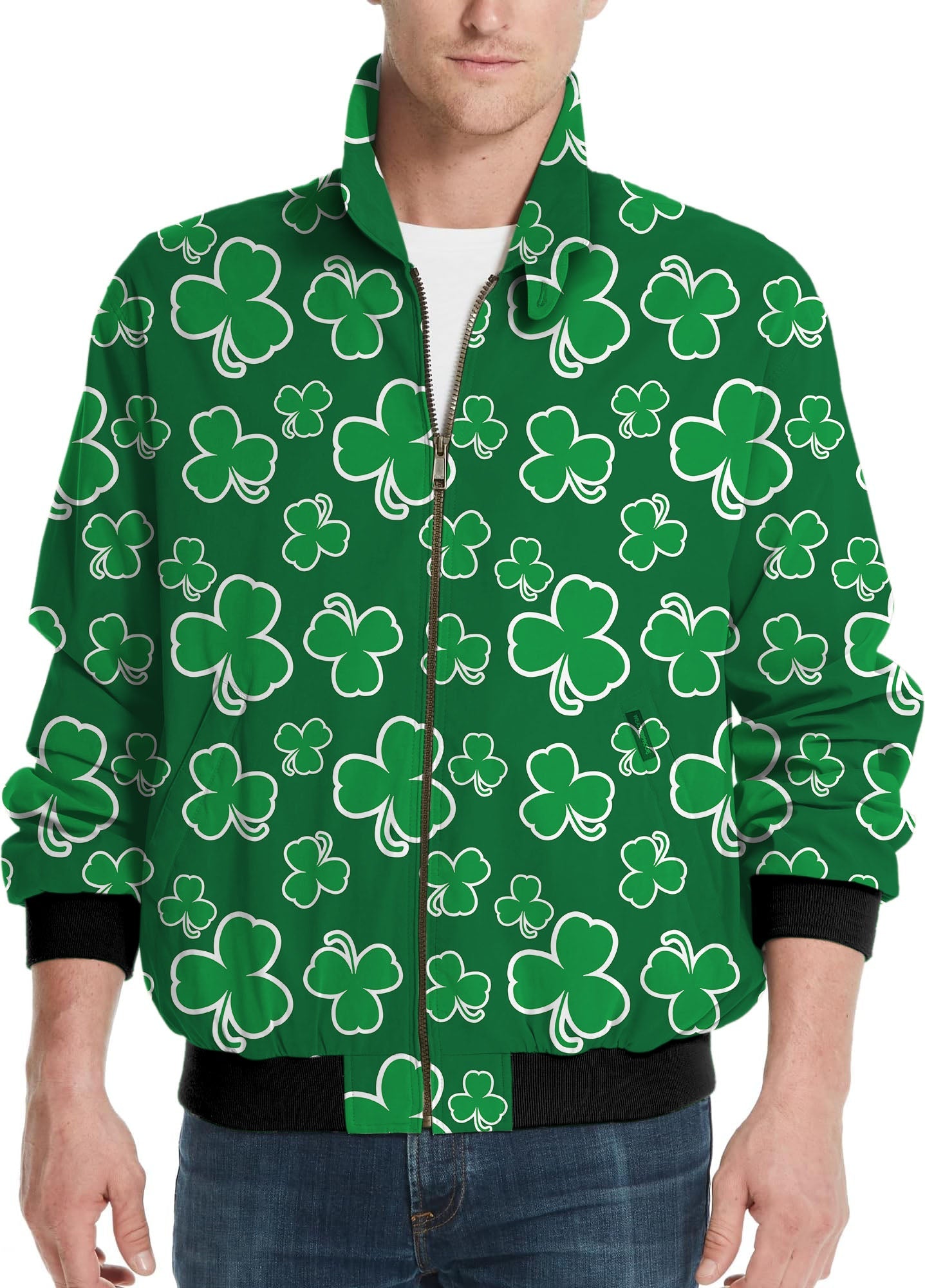 Men's green golf windbreaker jacket with leaf clover pattern for St. Patrick's Day