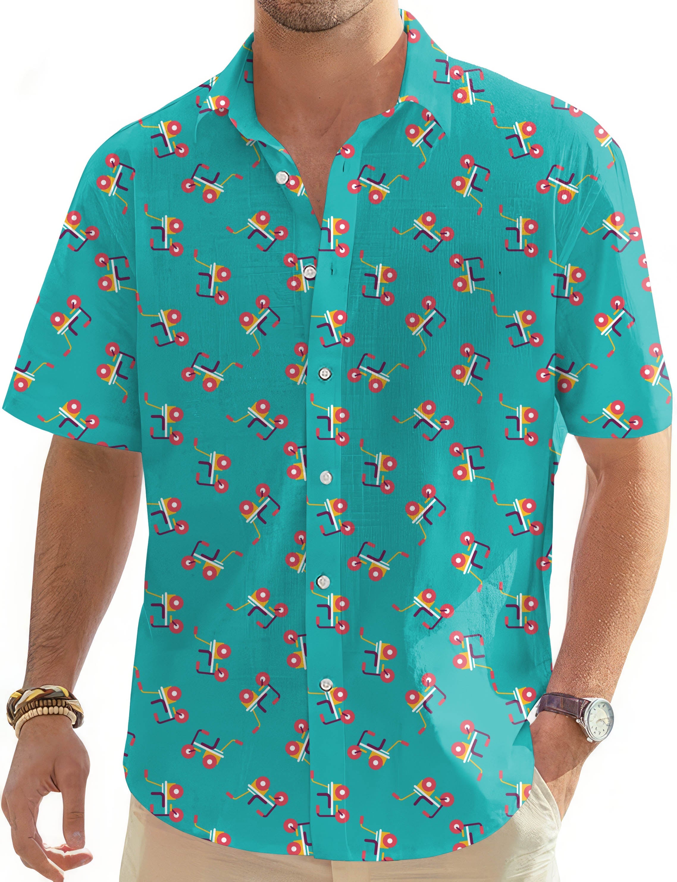 Men's golf cart Hawaiian shirt with button-down front and short sleeves in turquoise color