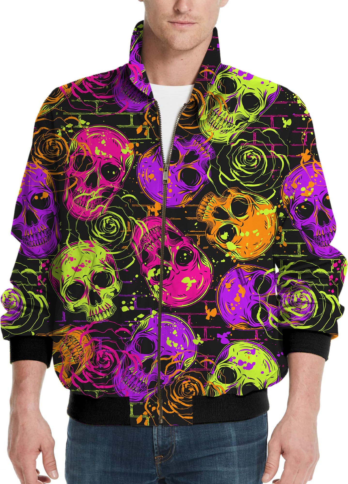 Halloween Colors Skull men's golf windbreaker light jacket with neon skull and rose pattern