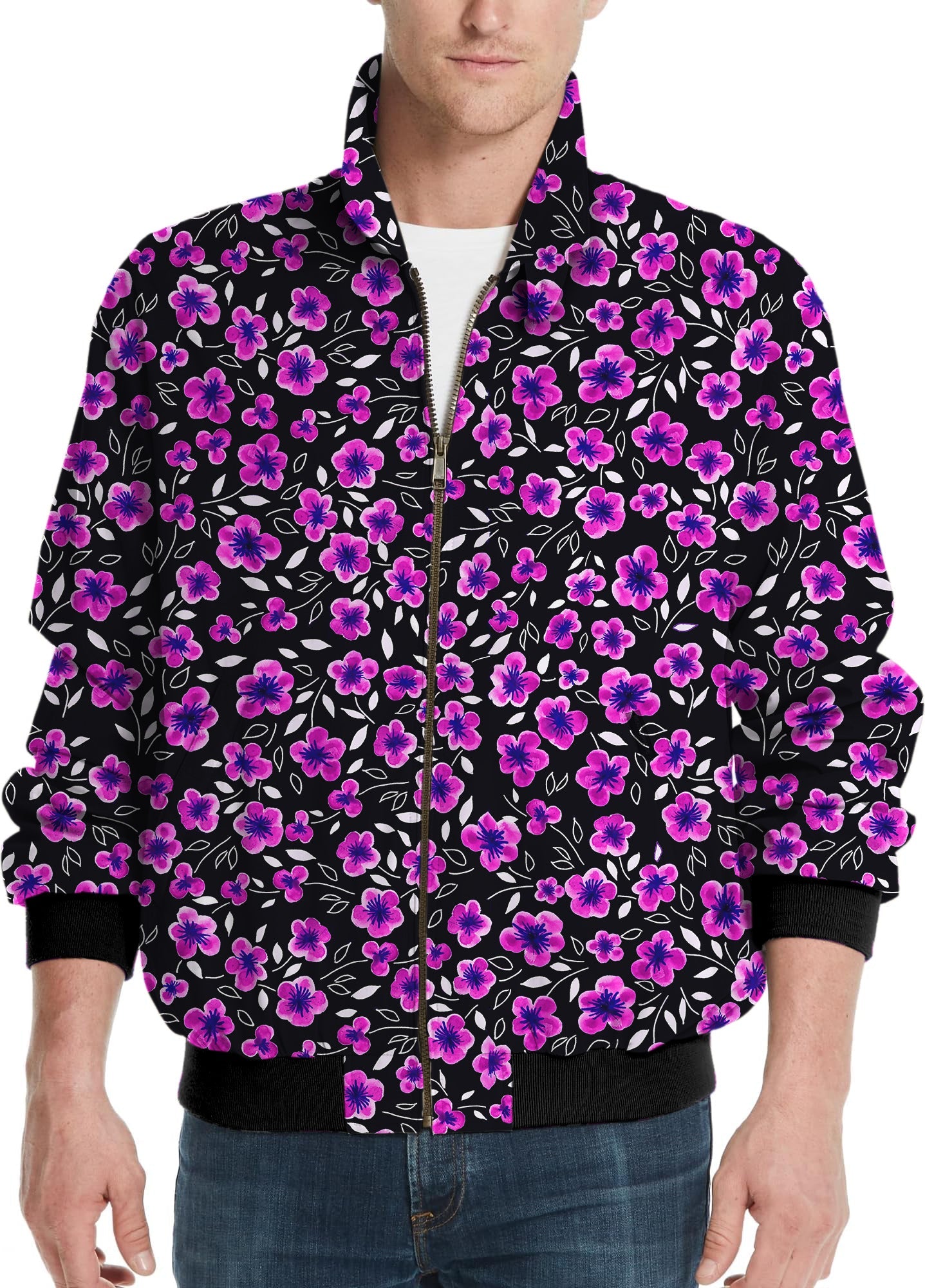 Men's golf windbreaker jacket with pink floral pattern on black background