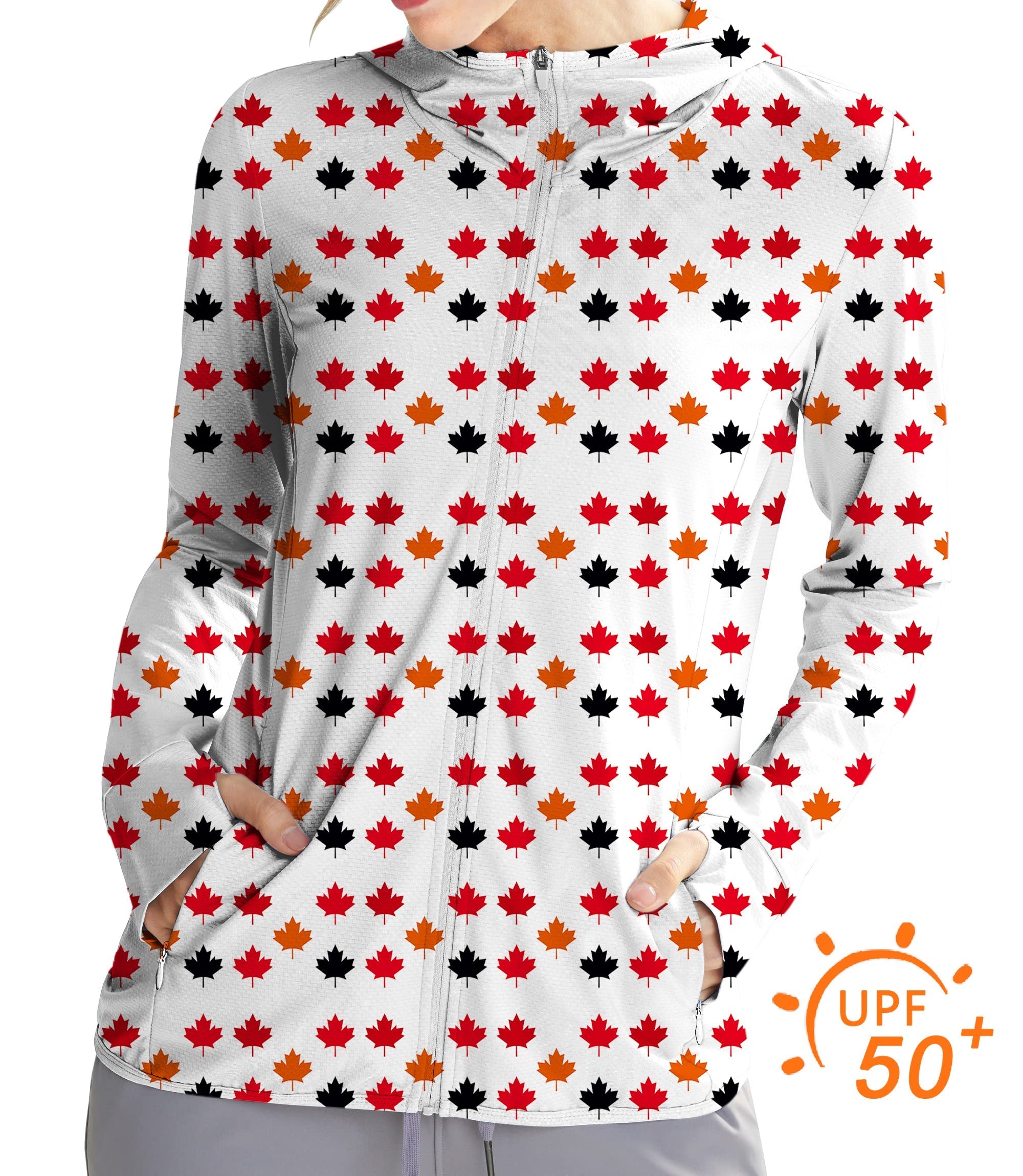 Women's Outdoor Canada slim fit zip hoodie with four color maple leaf pattern and UPF 50+ sun protection