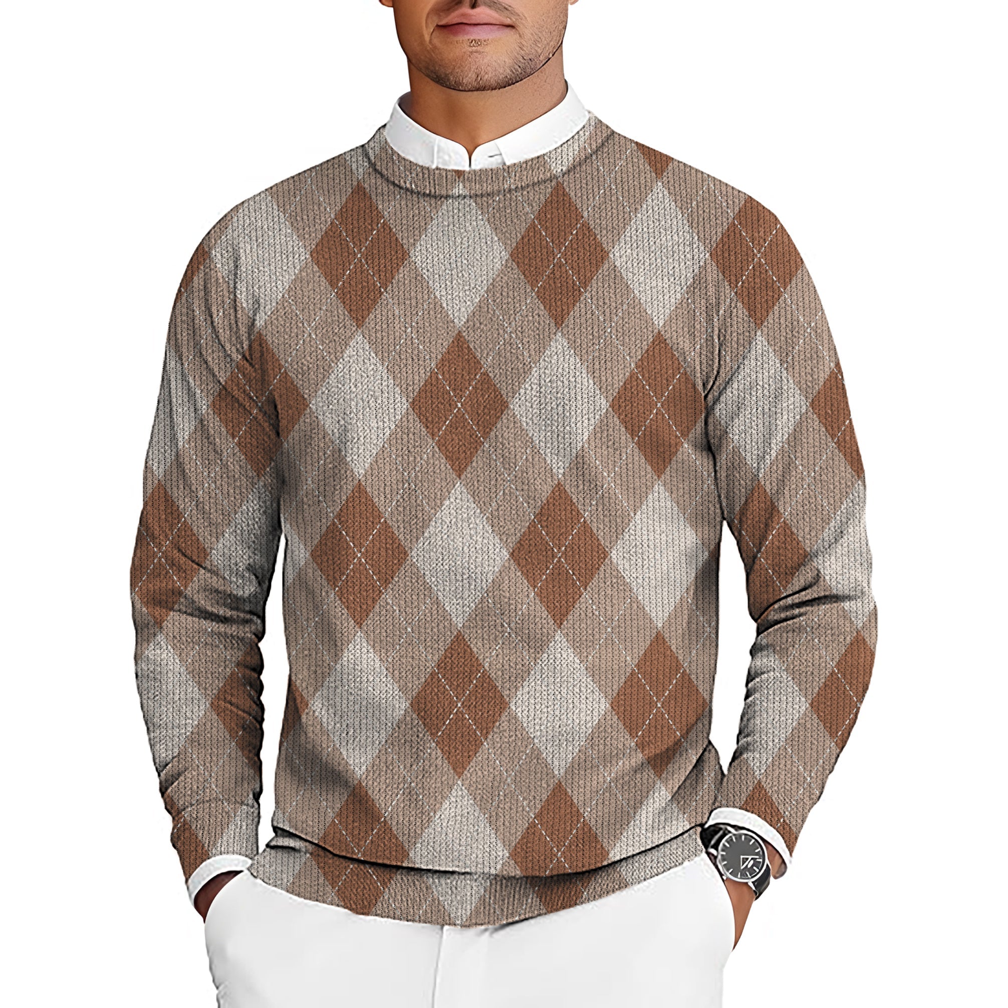 brown Argyle men's golf crewneck pullover sweater with diamond pattern