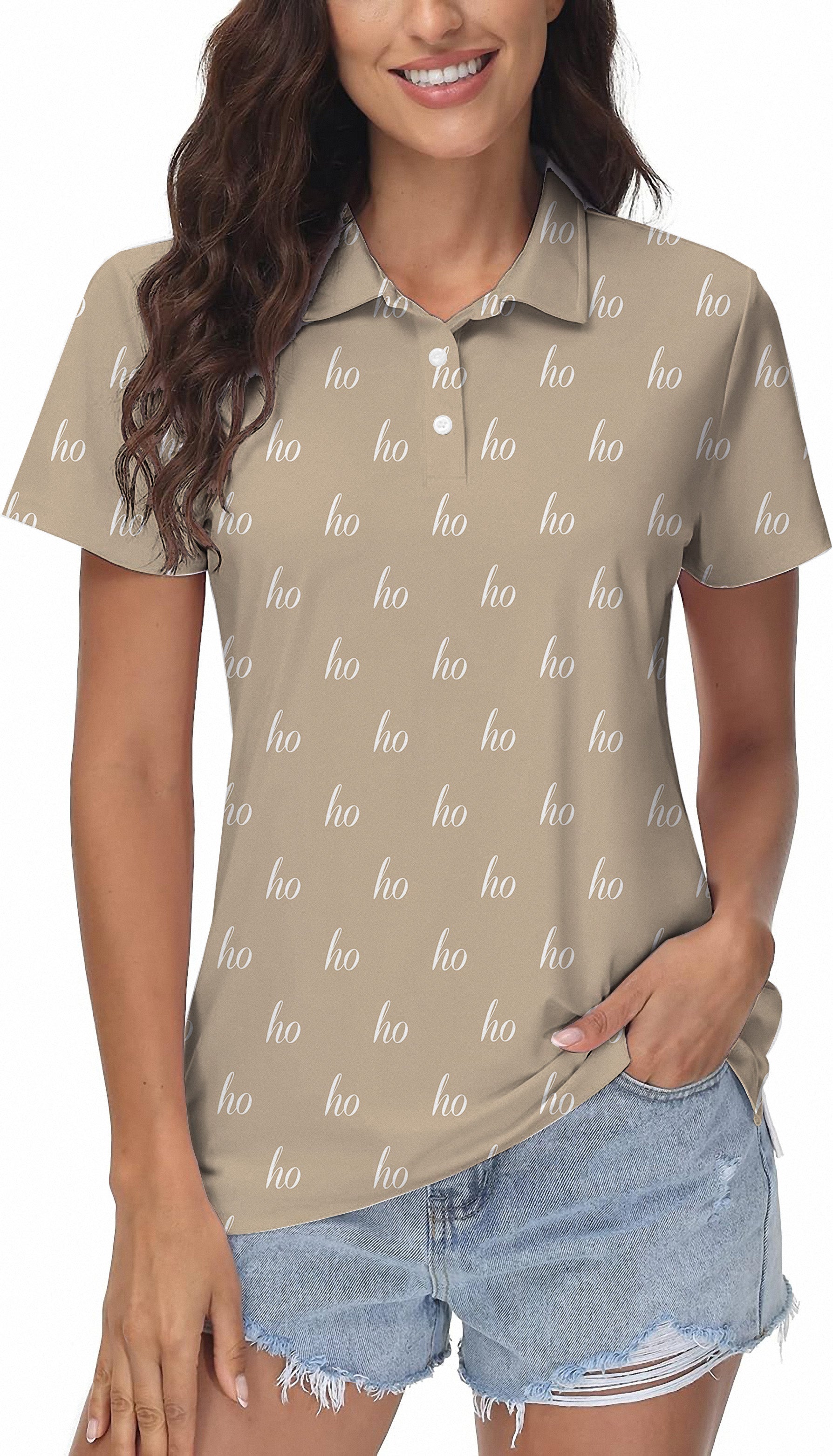 Beige custom name Christmas women's golf polo shirt with "ho" pattern, four-way stretch, moisture-wicking fabric, UPF 40+ protection, and classic fit.