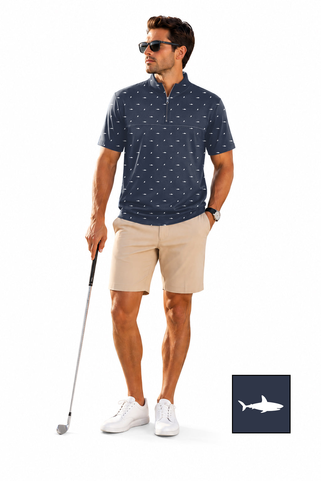 Men's Short Sleeve Quarter Zip Golf Pullover White Shark and Fin The Background Color Embroidery