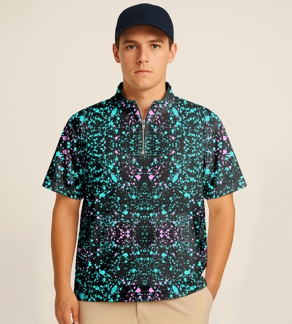 Man wearing half zipper turtleneck golf shirt with galaxies embroidery and short sleeves