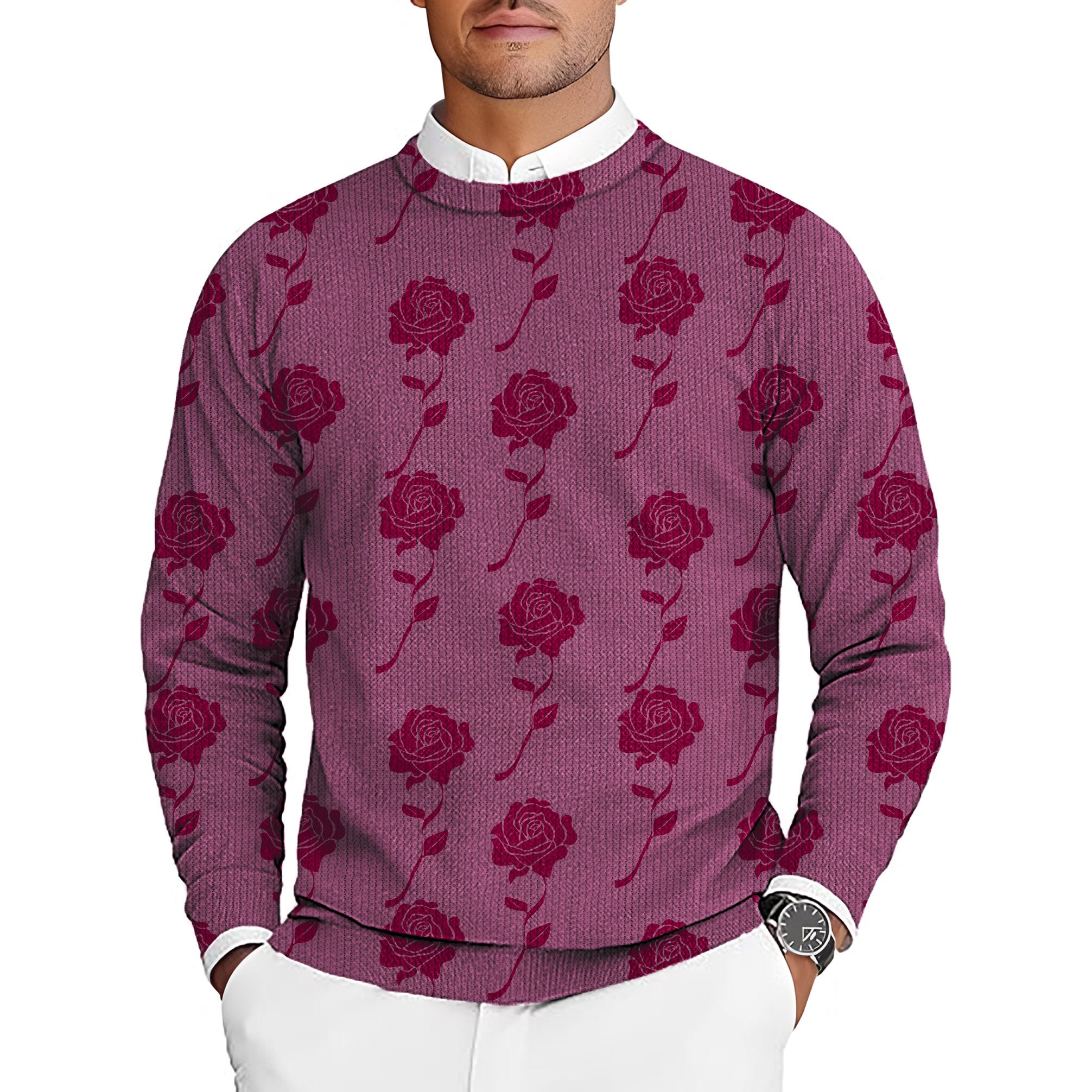 Men's red roses crewneck pullover sweater with floral golf design