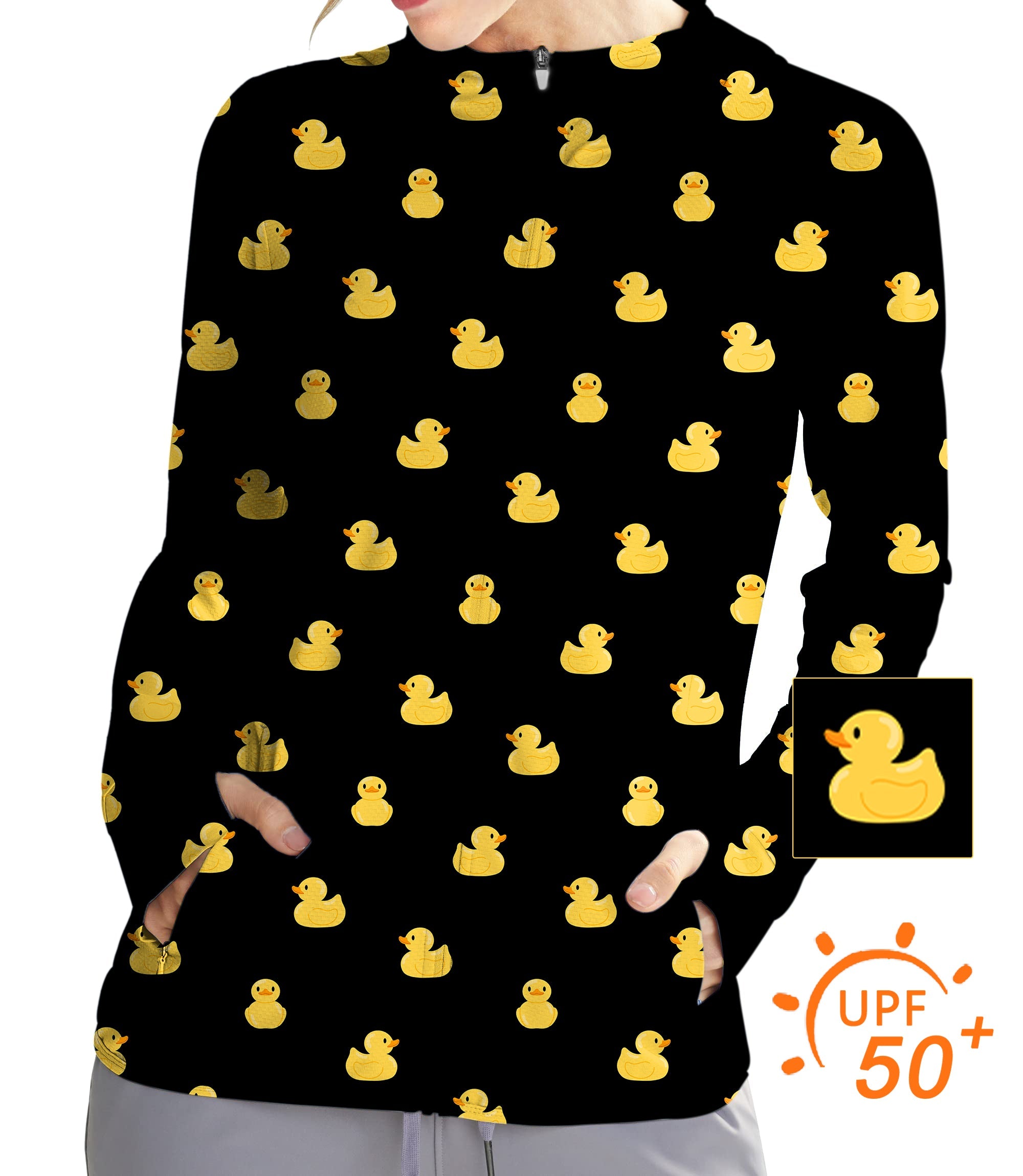 Women's outdoor slim fit zip hoodie with yellow rubber duck pattern and UPF 50+ sun protection