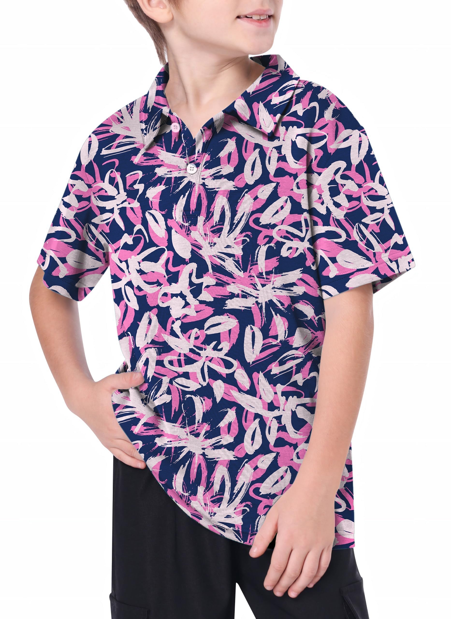 Youth Draw Flowers Golf Polo for kids with pink floral design and performance fabric features
