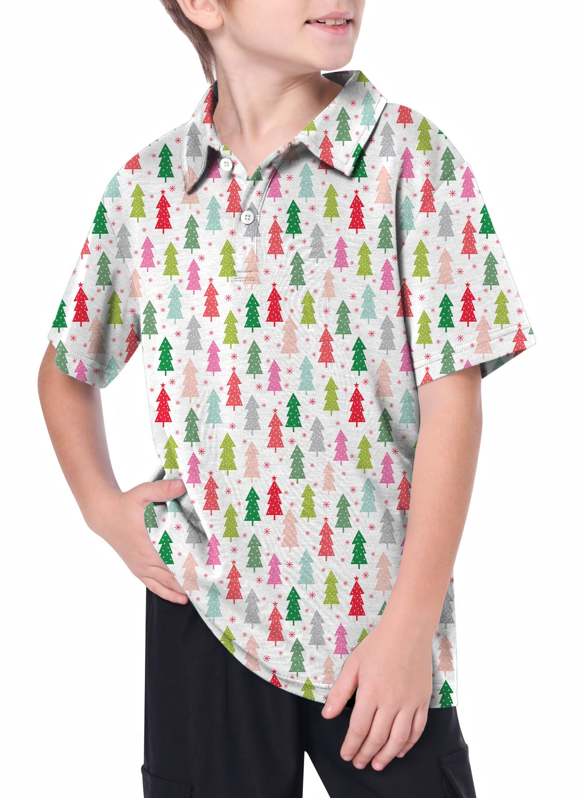 Youth golf polo with colorful Christmas tree pattern, moisture-wicking and UPF 40+ fabric, perfect for active kids