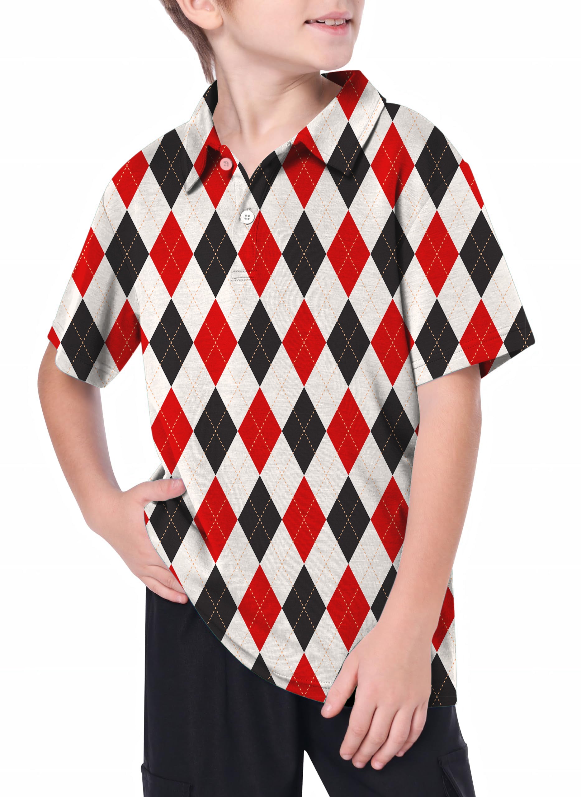 Argyle Youth Red black grid Golf Polo