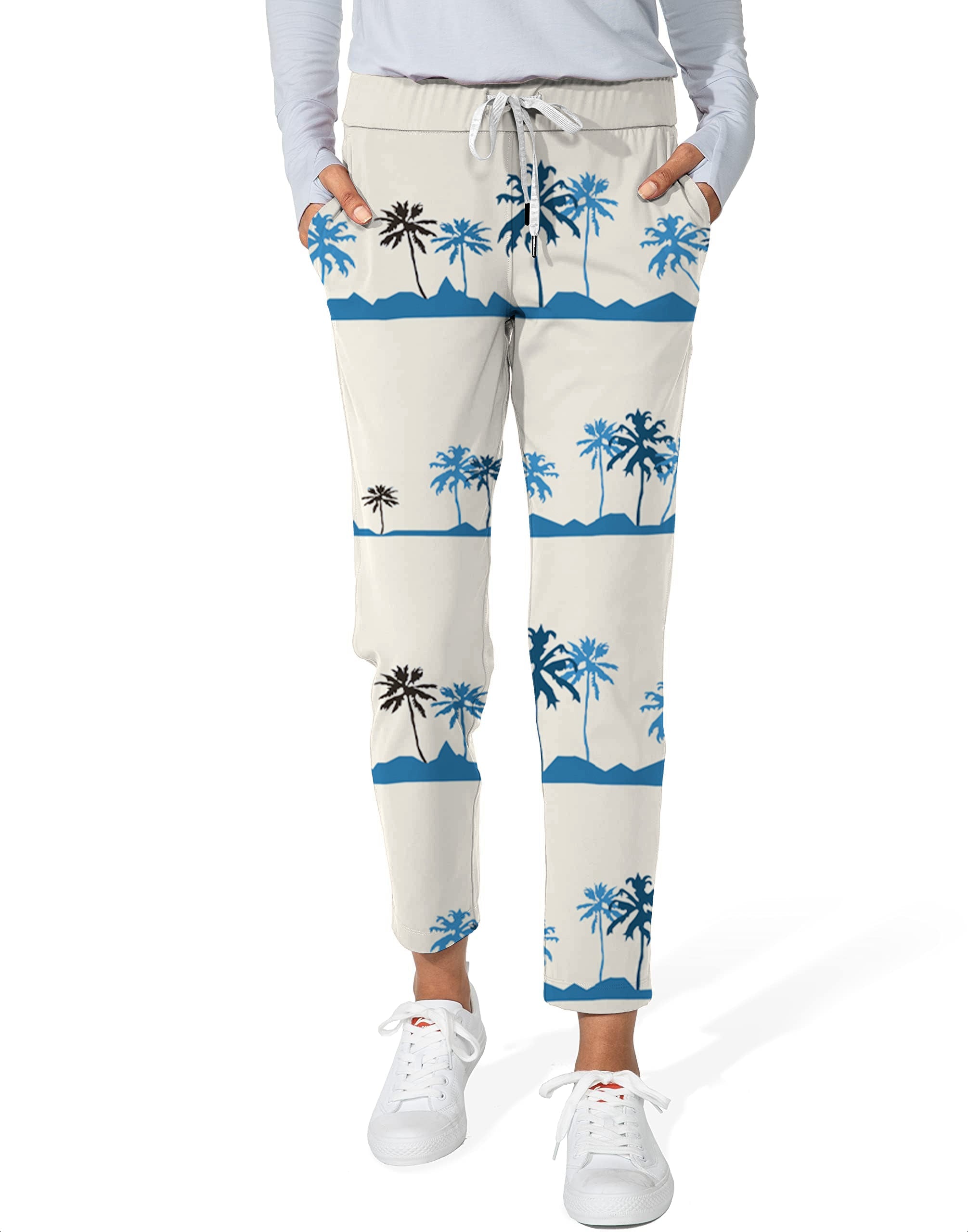 Women's 7/8 stretch ankle golf pants with blue palm tree print and drawstring waist