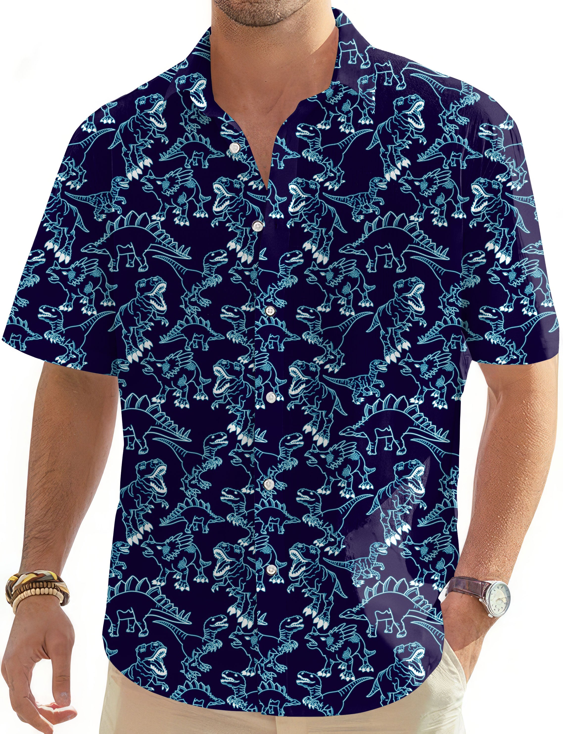 Neon Dino's-Men's Golf Hawaiian Shirts Button Down Shirt