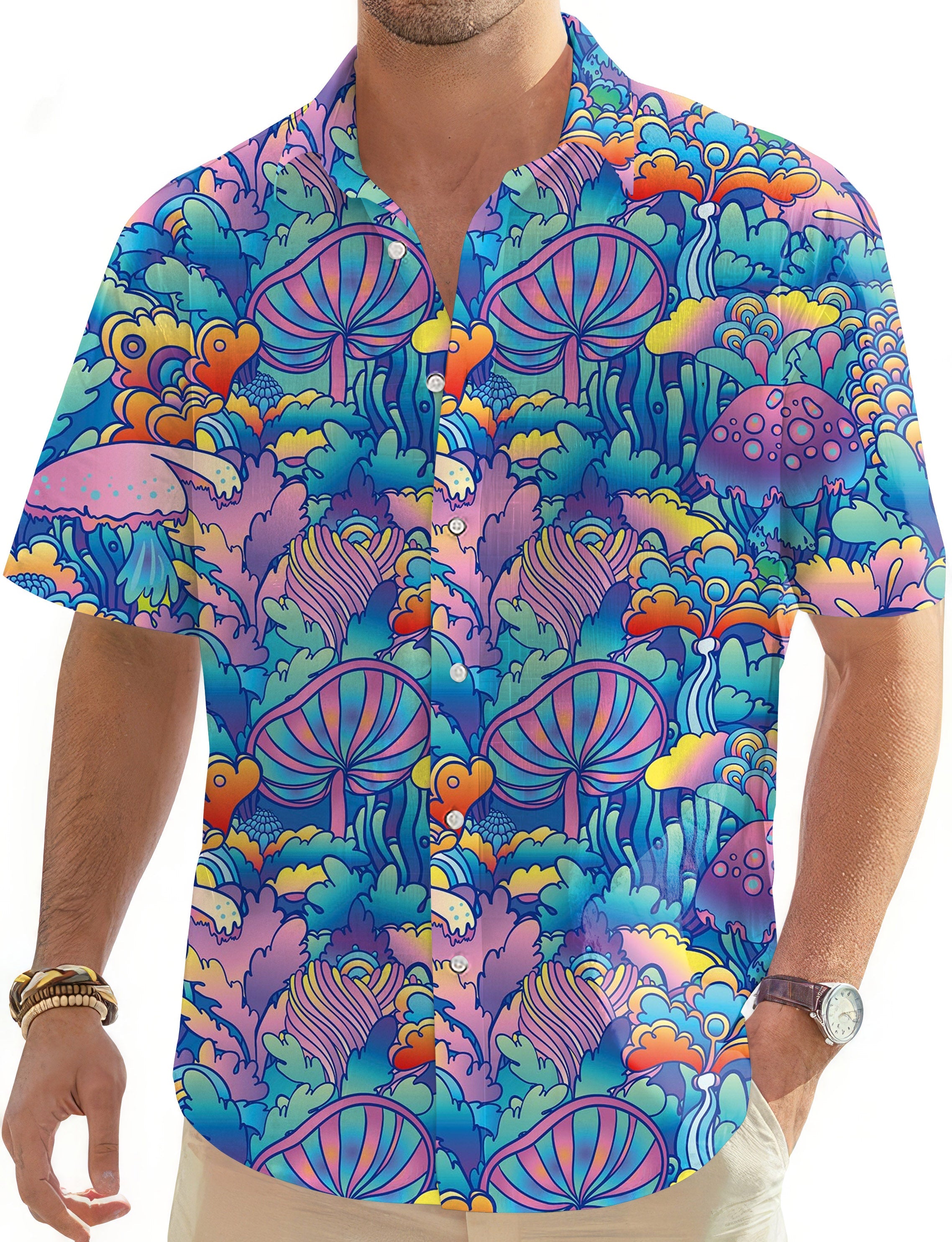 Men's magic mushroom Hawaiian button-down golf shirt with colorful psychedelic pattern