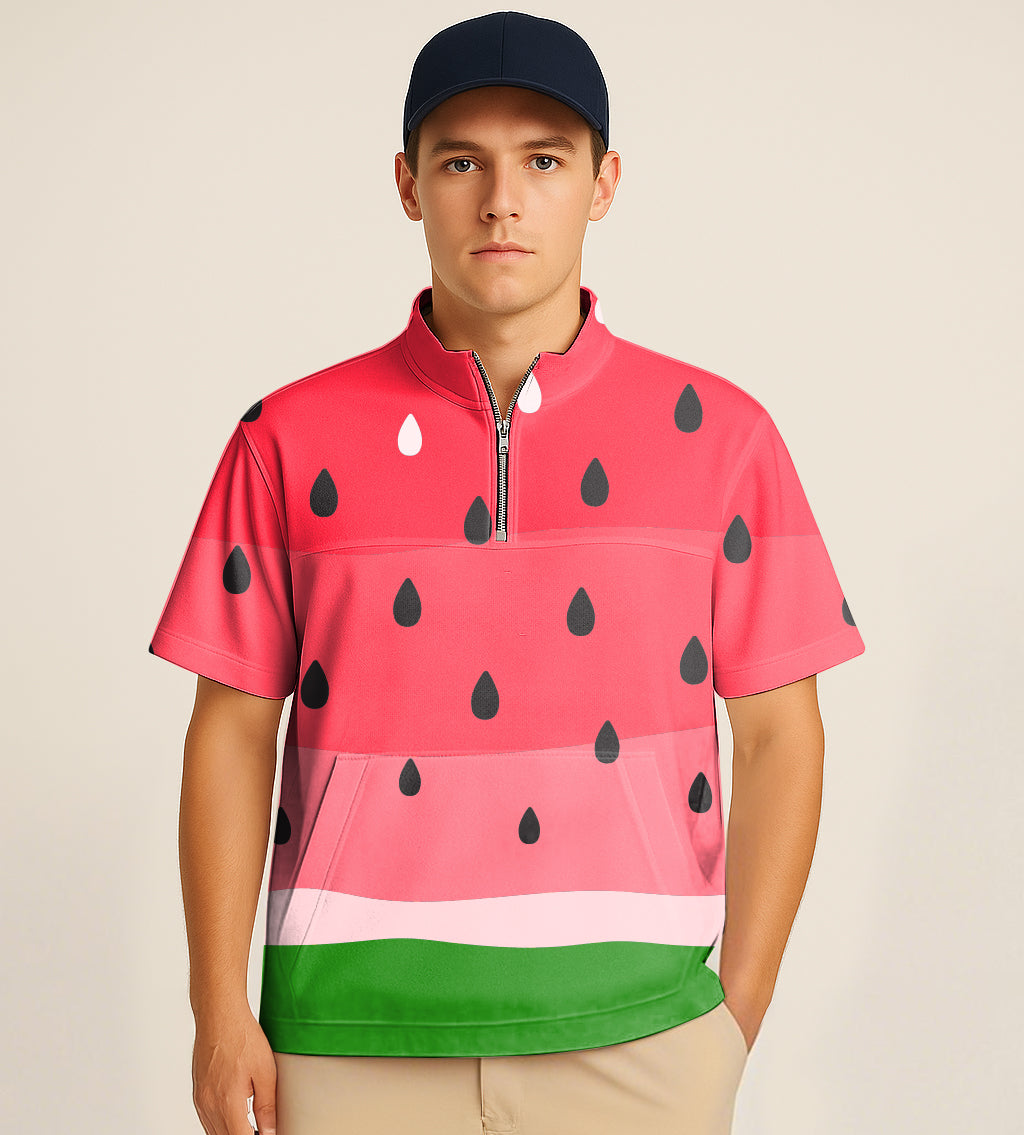 Man wearing half zipper turtleneck golf shirt with watermelon embroidery design