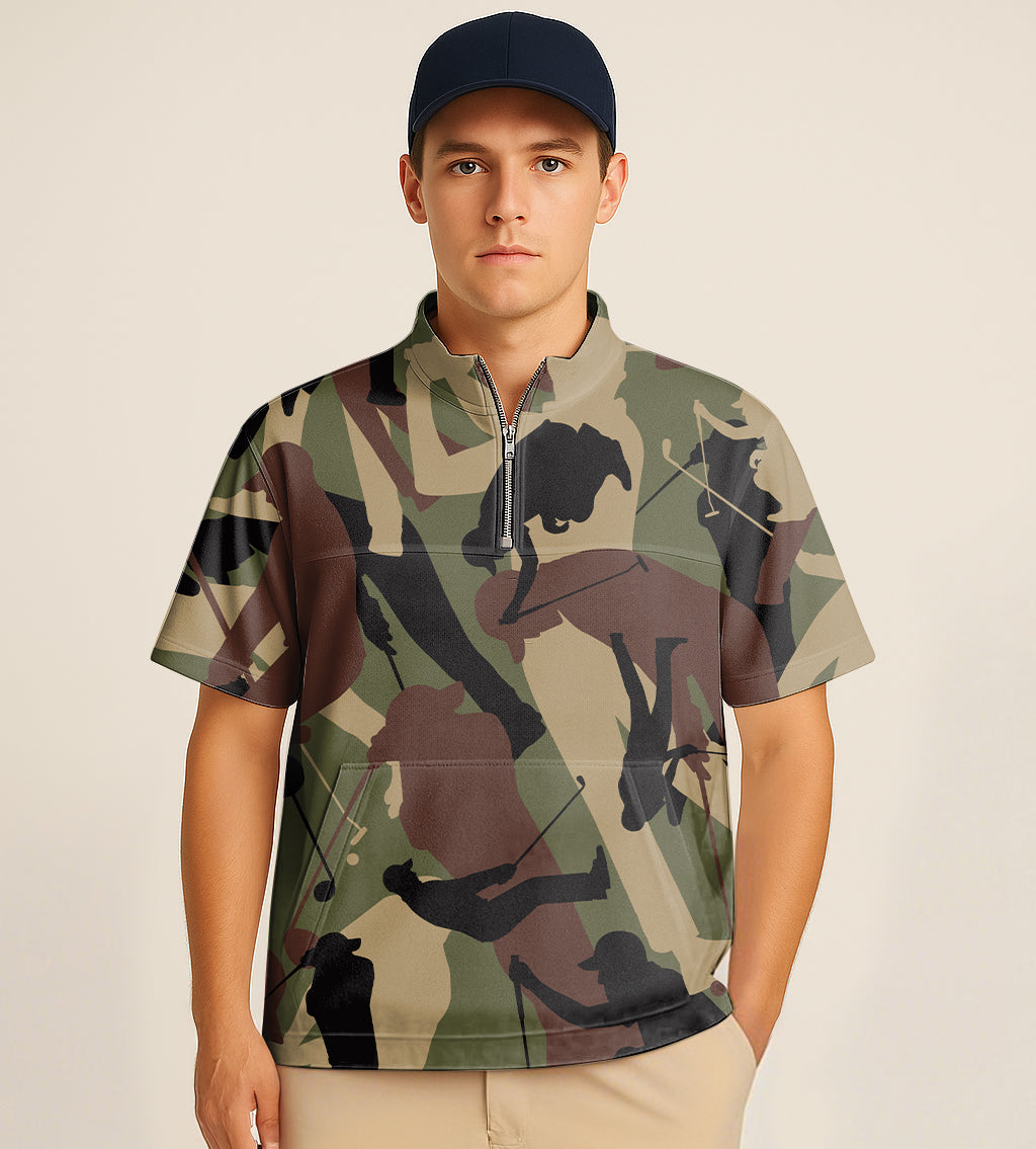 Man wearing army green half zipper turtleneck golf short shirt with golf embroidery and camouflage pattern