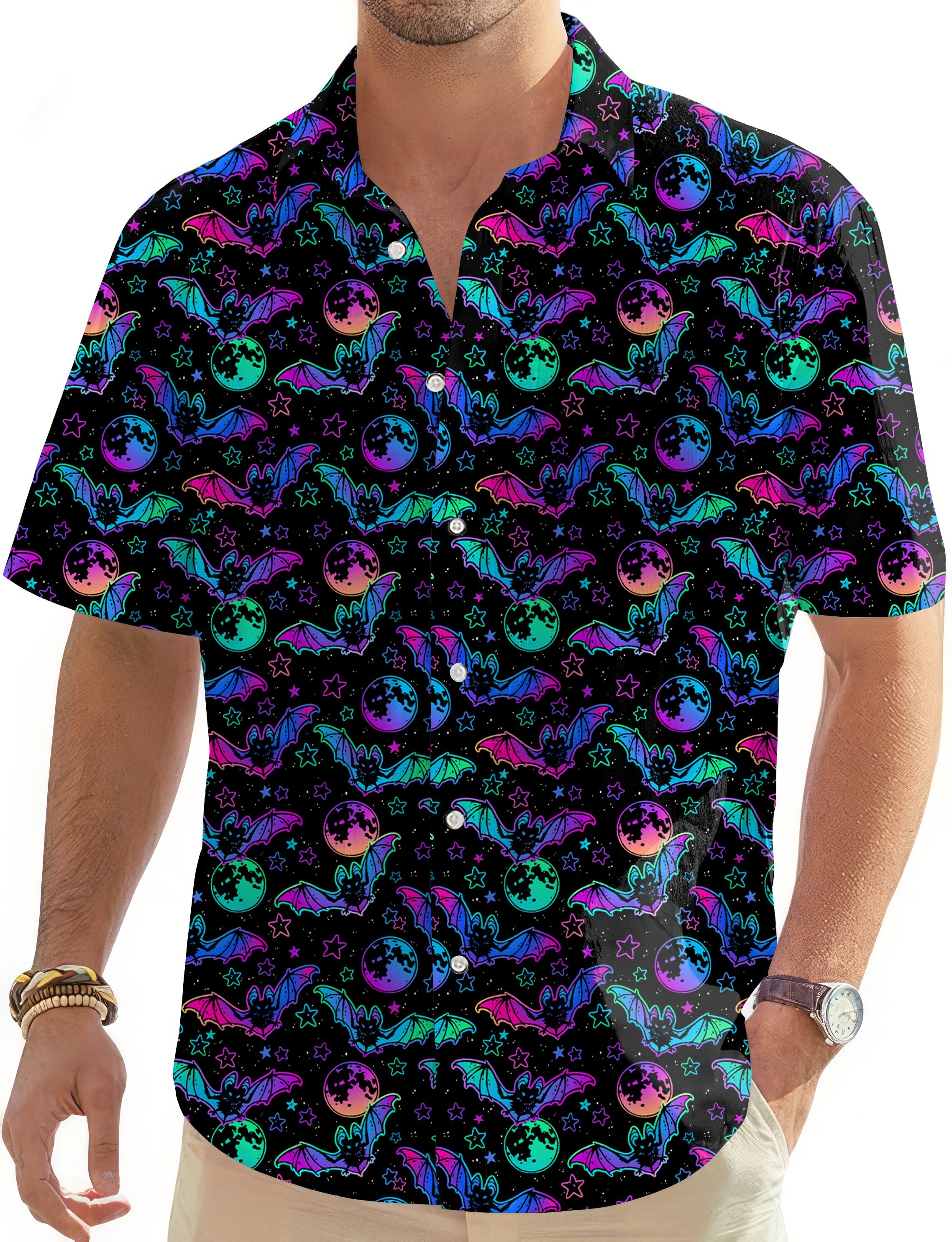 Men's Halloween Bat Moon Hawaiian golf shirt with button-down collar and short sleeves in vibrant colors