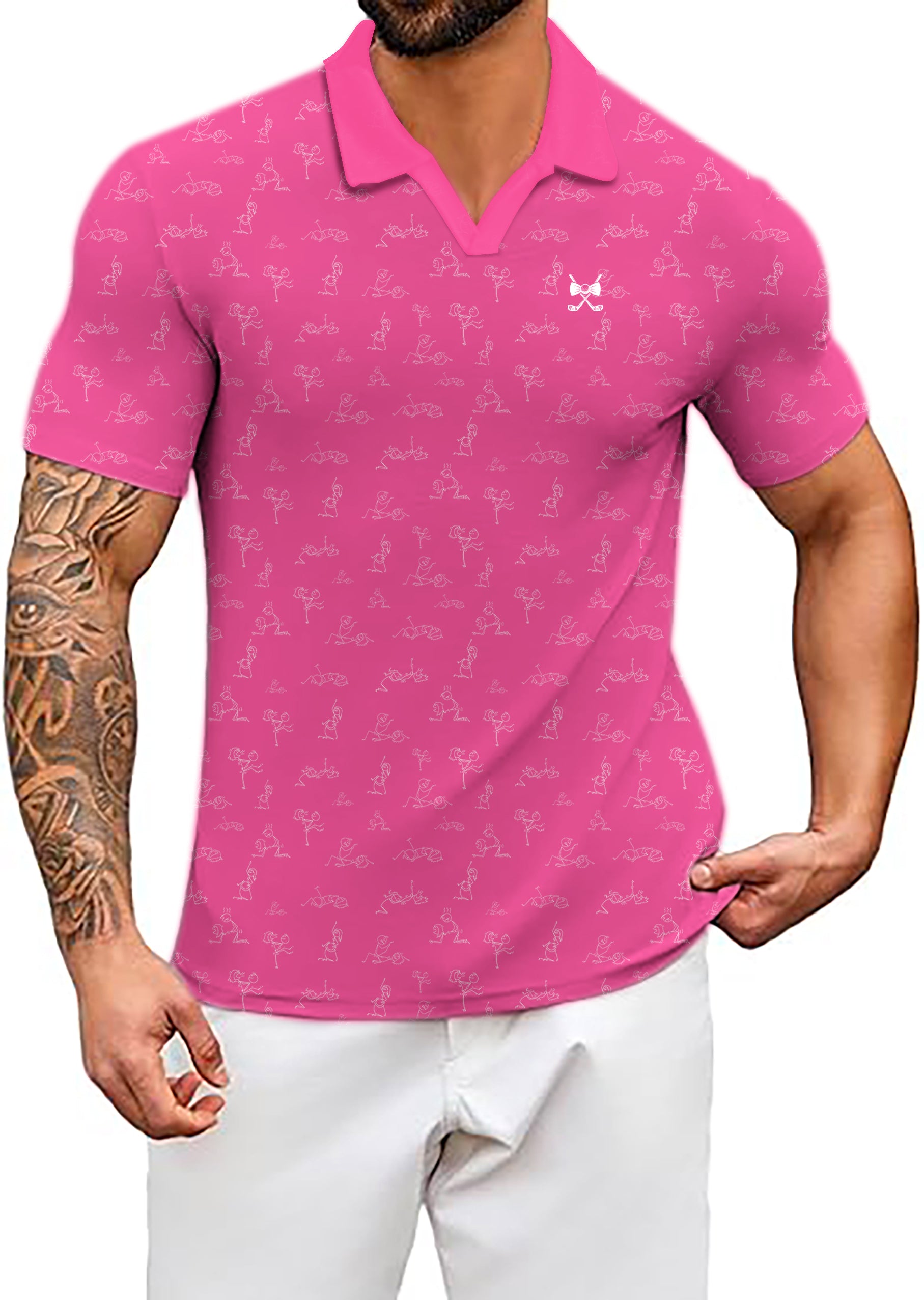 Men's Fuchsia Funny Kamasutra Figures V Neck Golf Polo Shirts