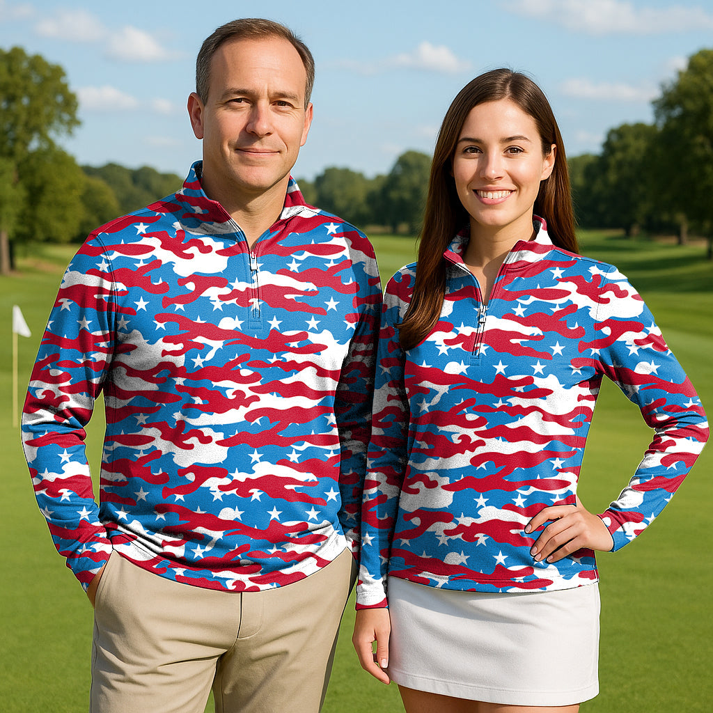 Couple wearing patriotic camo 3/4 zip active long sleeve tops for golf outdoors