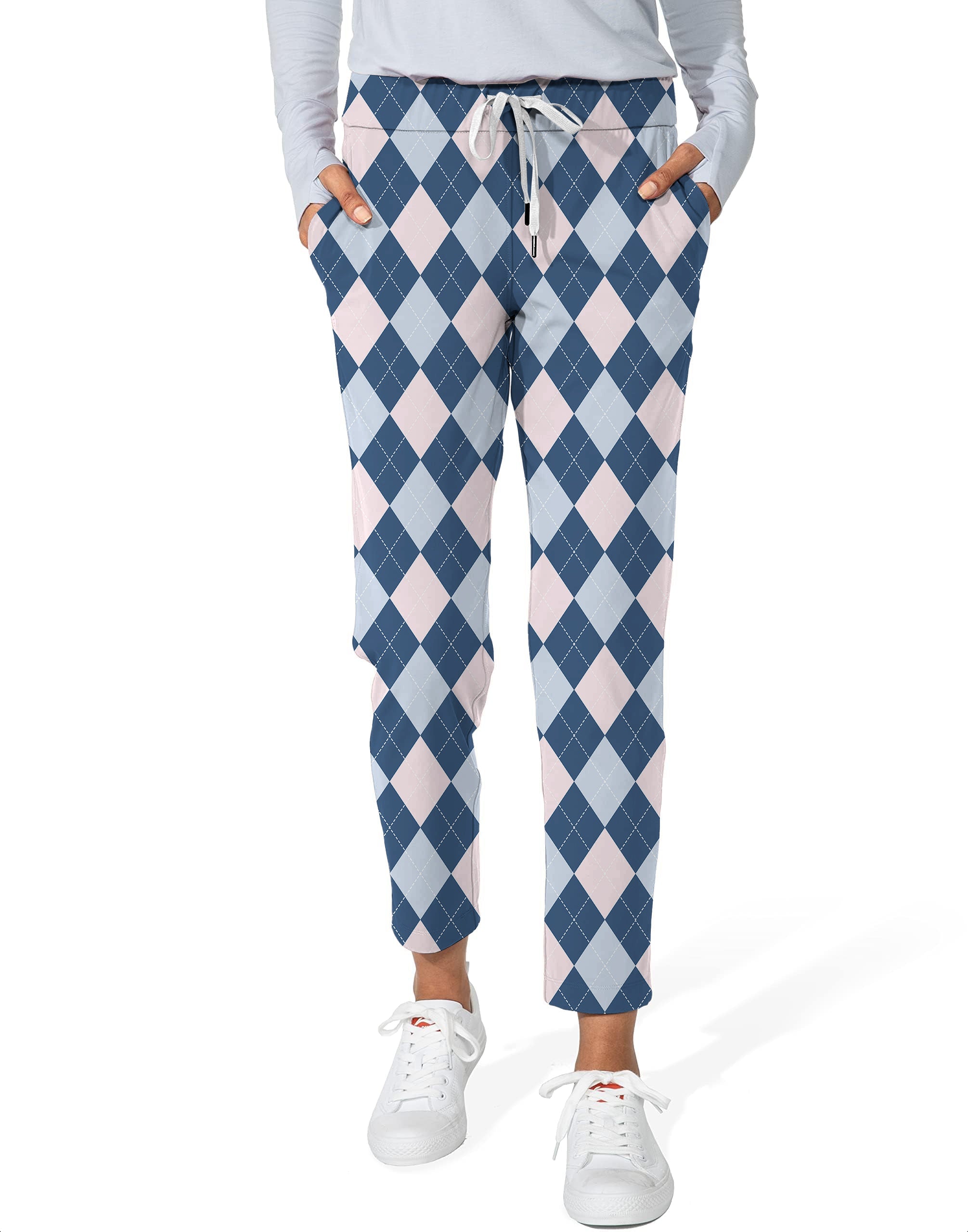 women's blue Argyle 7/8 stretch ankle golf pants with drawstring waist