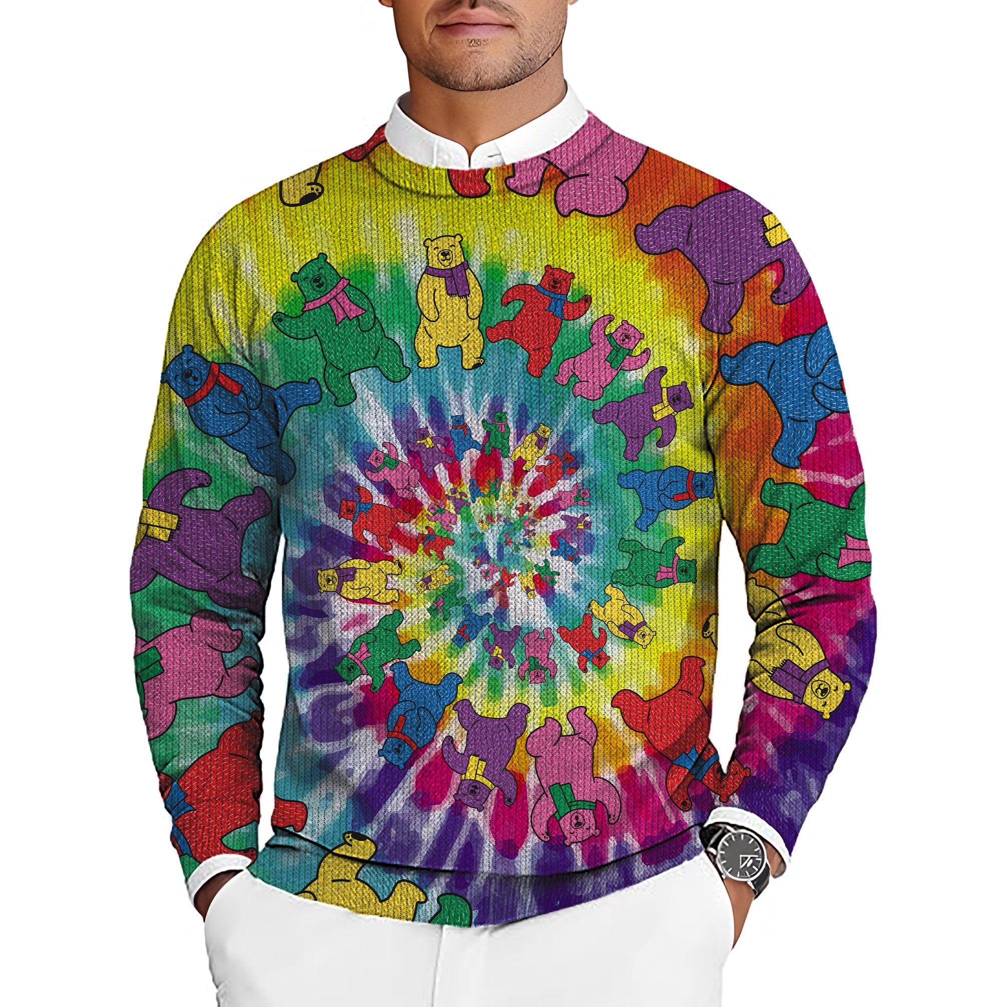 Men's crewneck pullover sweater with colorful kaleidoscope bear pattern, golf team uniform option