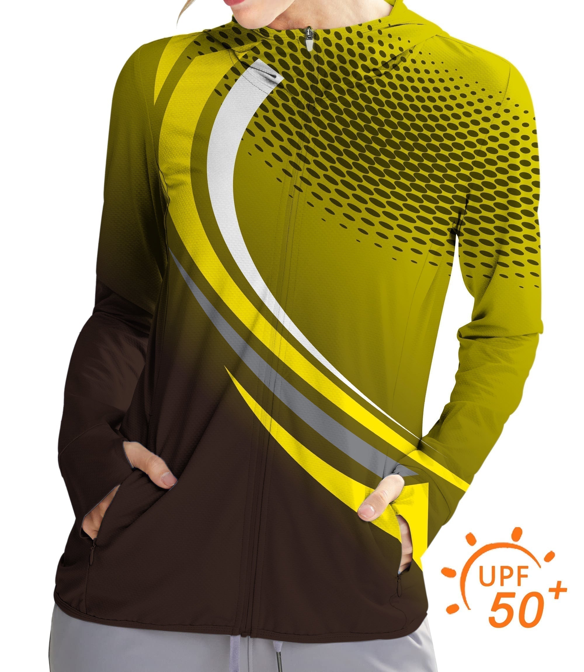 Women’s outdoor yellow and black slim fit sport team zip hoodie with UPF 50+ sun protection and moisture-wicking fabric